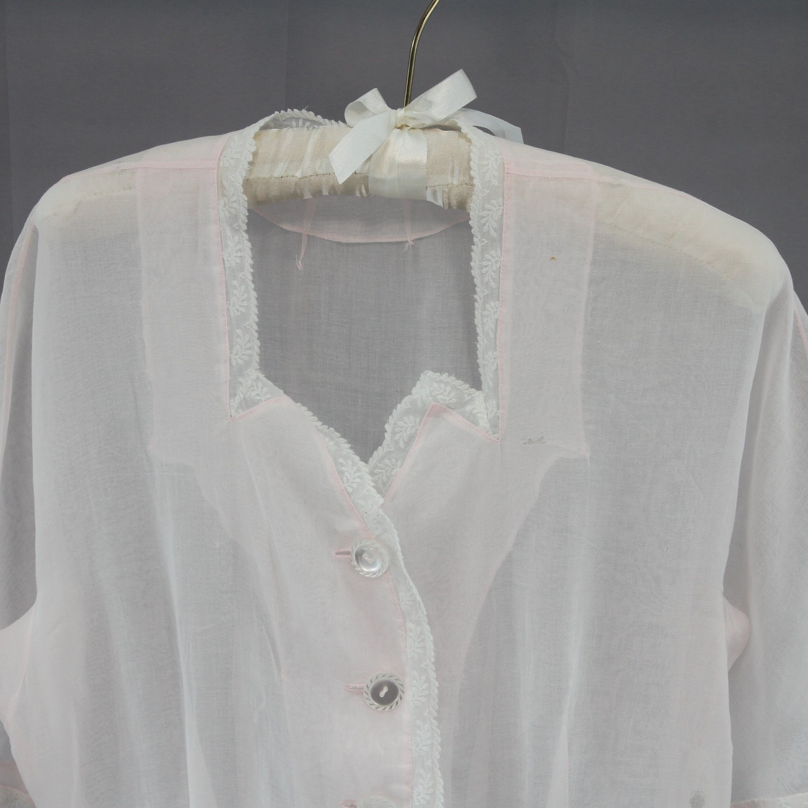 Vintage 1940s-50s Pink Organdy Embroidered Dress Lace Trim Hand Sewn Hem