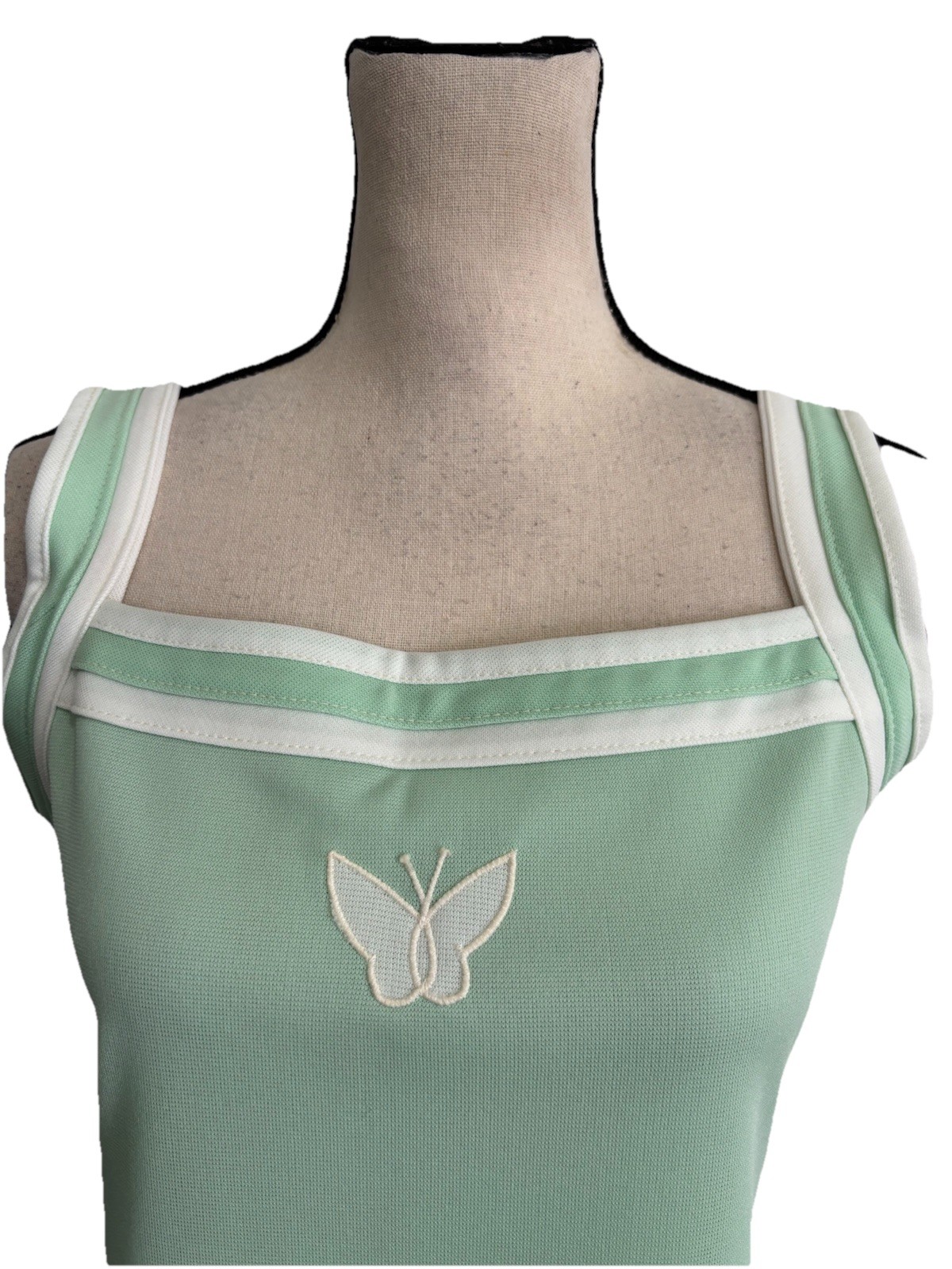 Vintage 1970s Dress Mint Green Butterfly Accent White Trim Summer Size 16