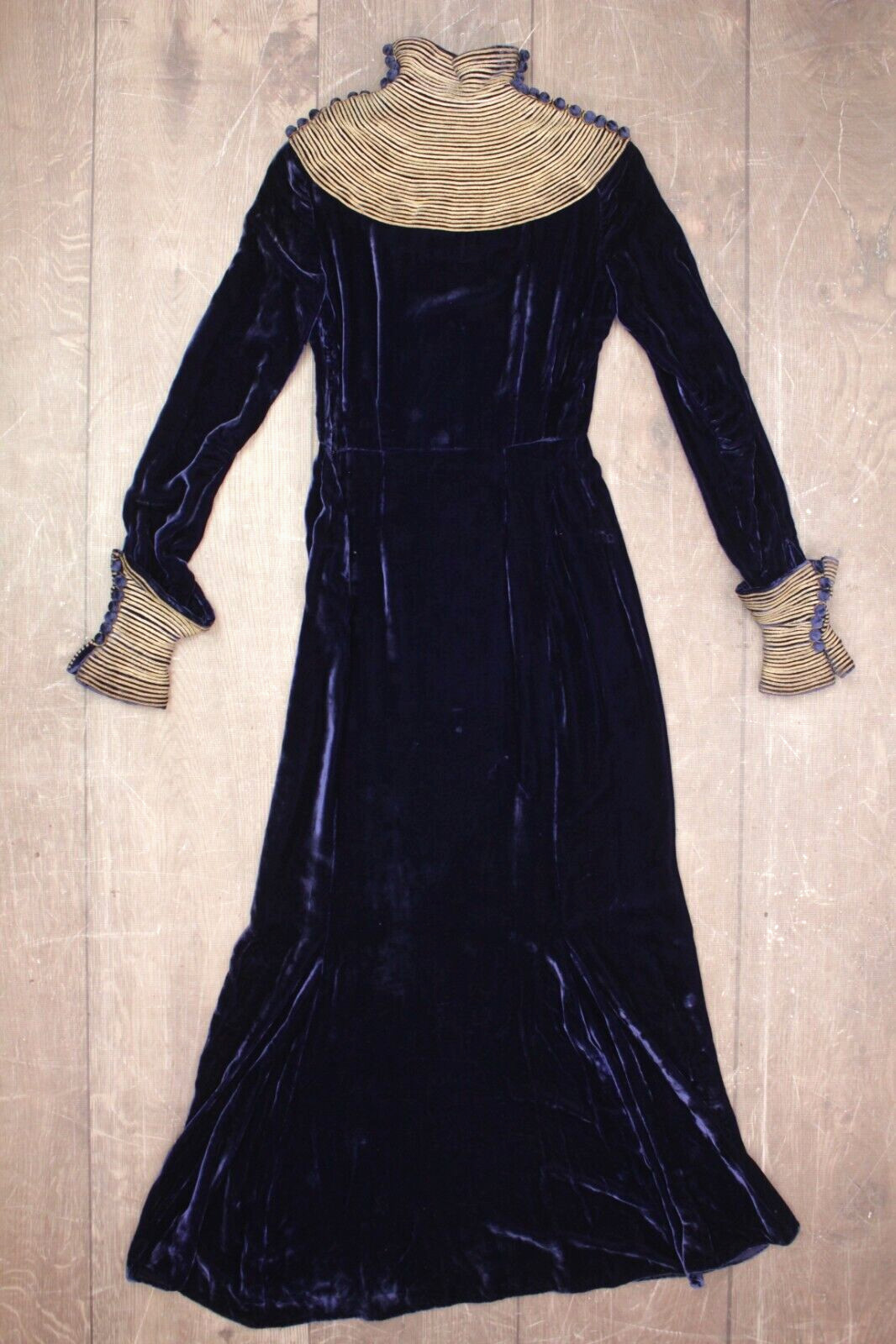 Vtg 30s Blue Velvet Maxi Dress W/ Gold Trim 1930s Fashion Originators Guild
