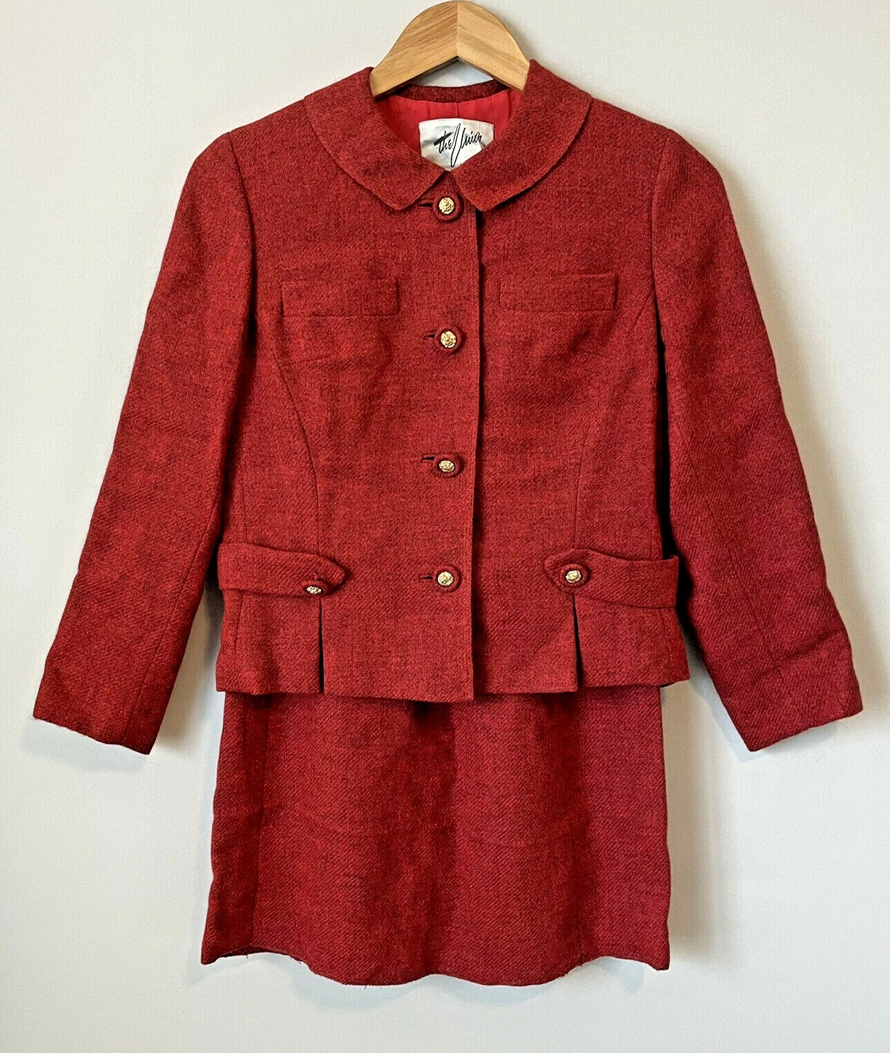 Vintage 60’s Davidow The Union Skirt Suit Red Virgin Wool Tweed Lined No Sz – XS