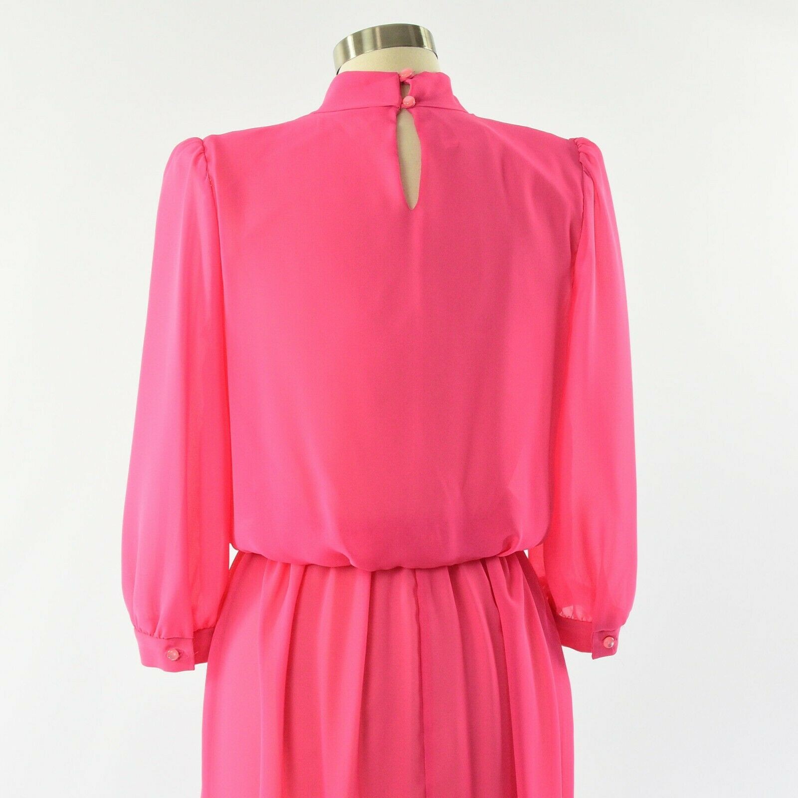70’s Vintage Bright Pink Blouson Dress Mock Neck Womens L or 12 Amy-Deb