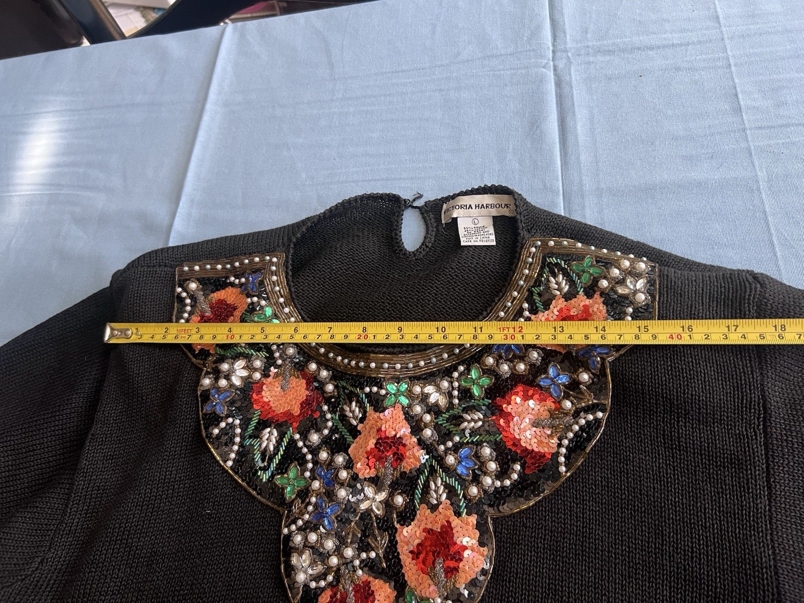 VTG 80s Victoria Harbour Black Embroidered Rhinestone Flowers Sweater Sz L