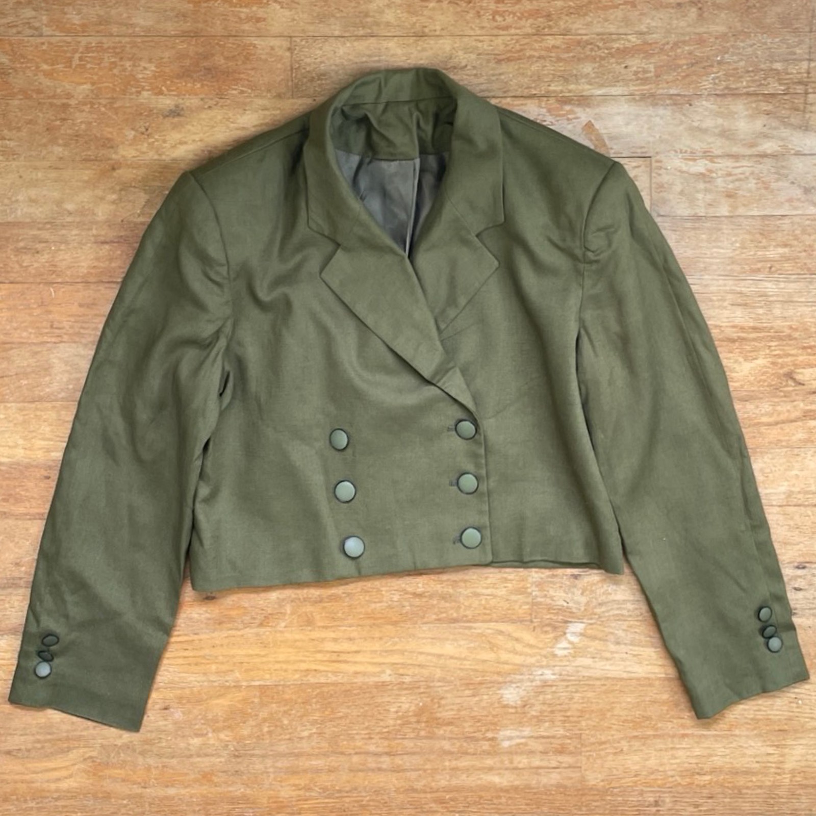 Vintage Cropped Double Breasted Jacket Size Small 1980s Olive Green Rayon/Linen