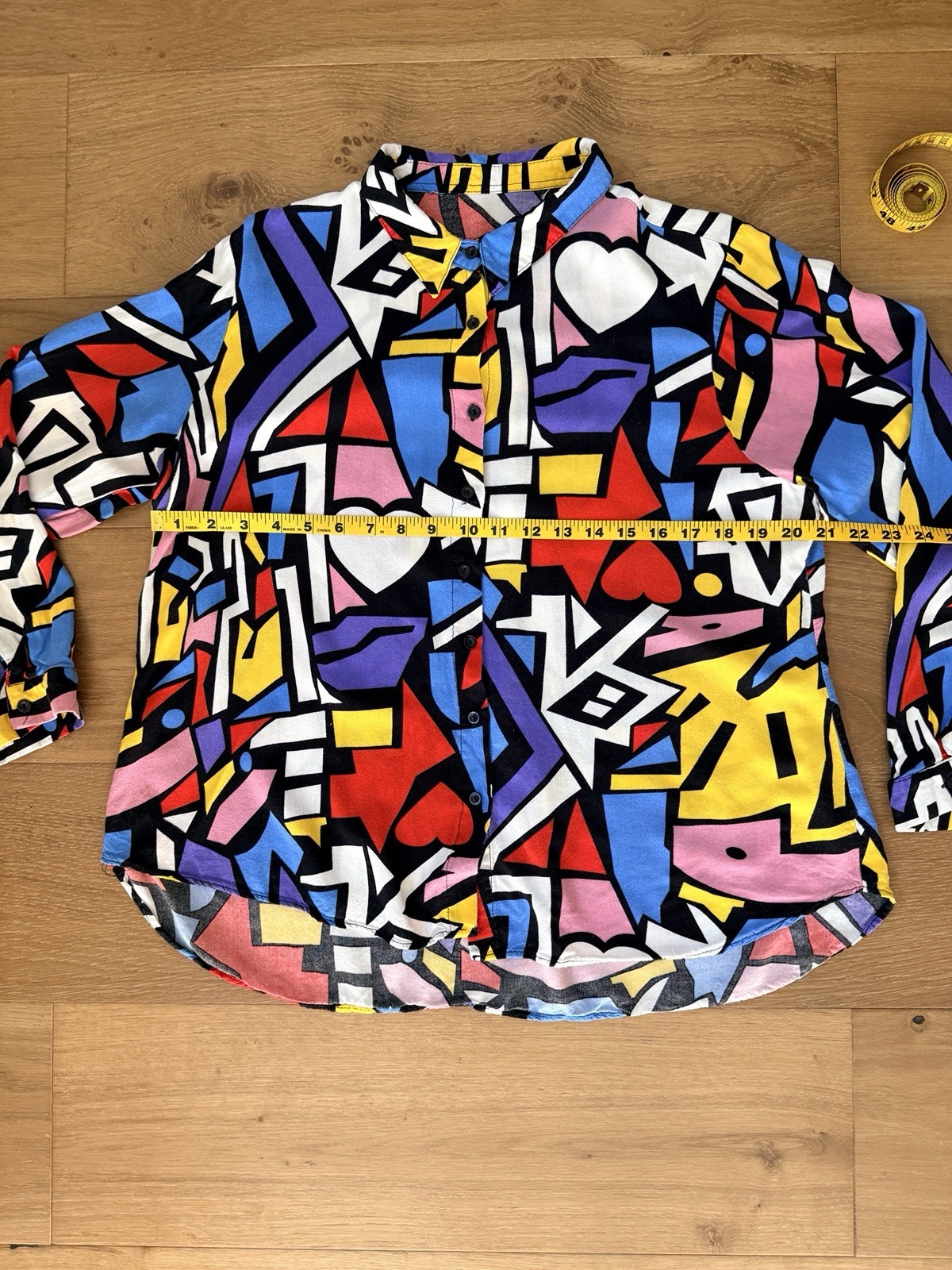80s Pop Art VTG Button Down Shirt Wm L (*est*) Geometric Heart Print Long Sleeve