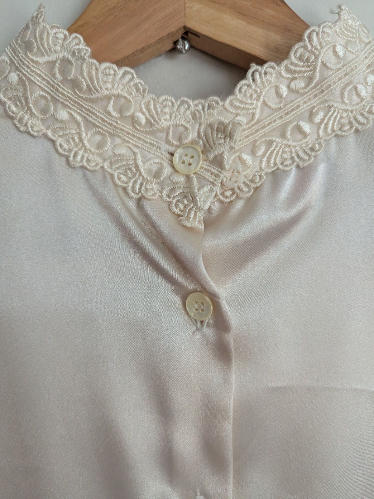 Vintage 1980s Satin Blouse Victorian Cottage Embroidered Lace High Neck Feminine