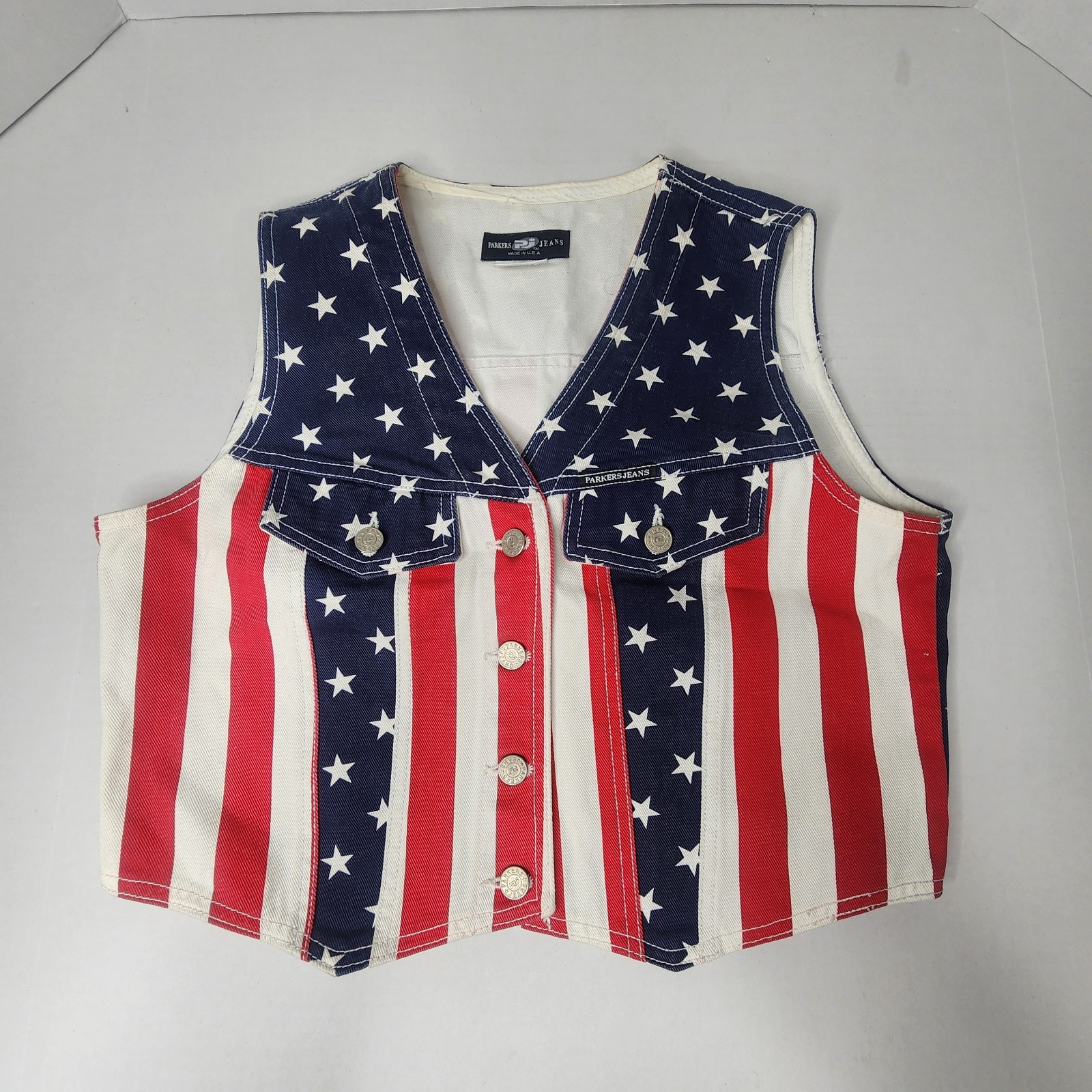 Vintage Parkers Jeans American Flag Vest Womens Large Denim Made in USA Button
