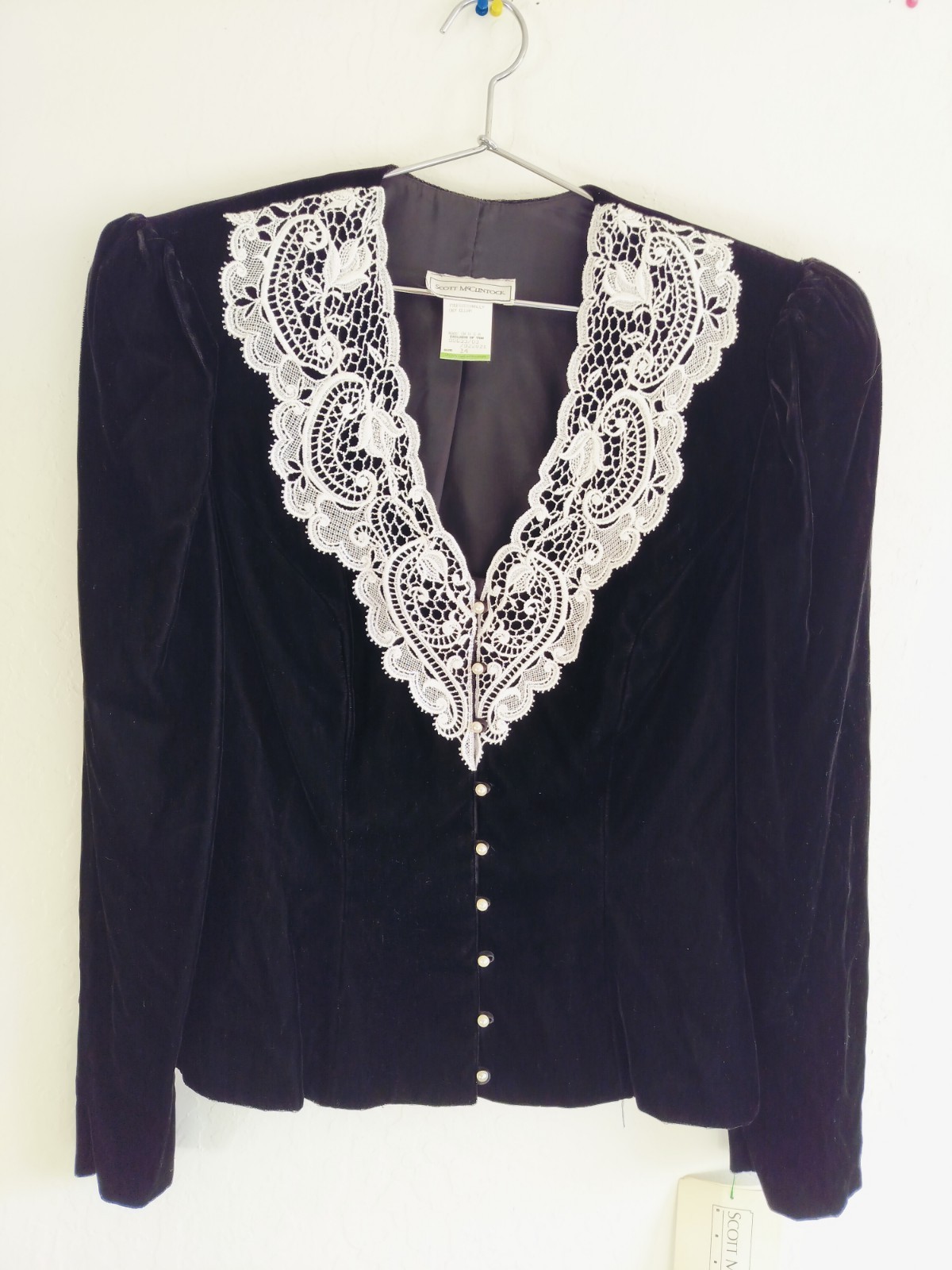 Vintage 80s Scott McClintock Black Velvet & Cream Lace Evening Jacket Size 14