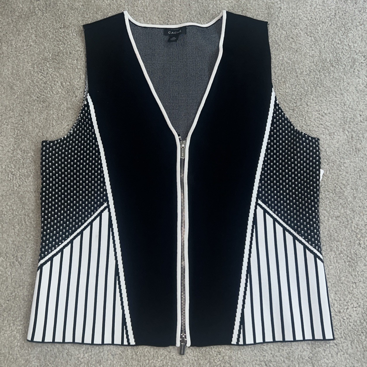 Cache Suit Black White Stripe Skirt & Top Zip Front Knit Medium Y2K NWOT