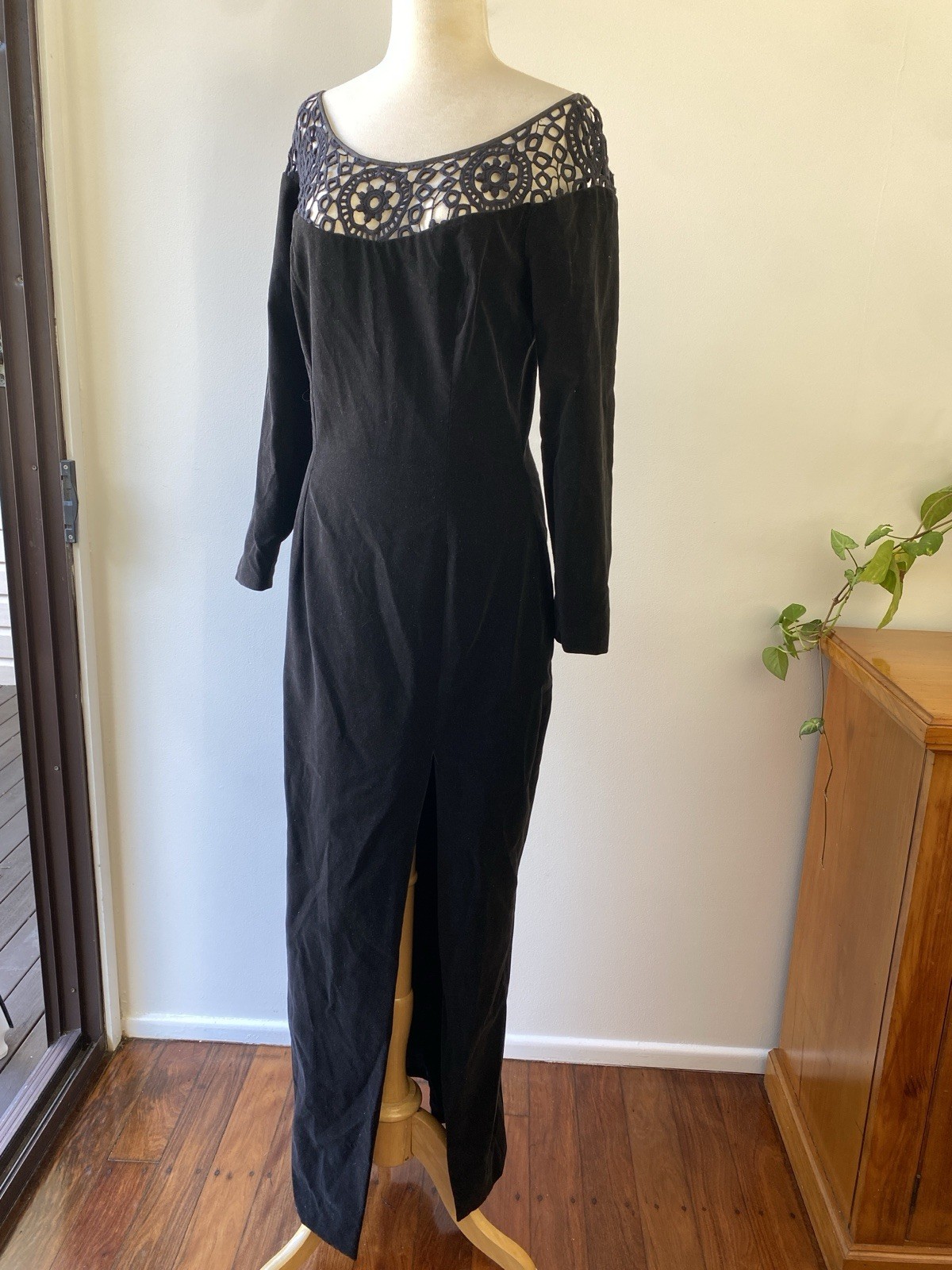 Mariana Hardwick Vintage Black Velvet Dress 12 AU 8 US Lace Long Sleeve Evening