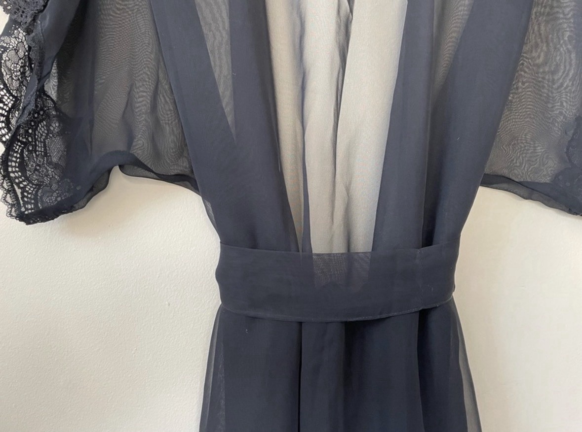 Vintage Black Silk Chiffon & Lace Lingerie Robe Size Small