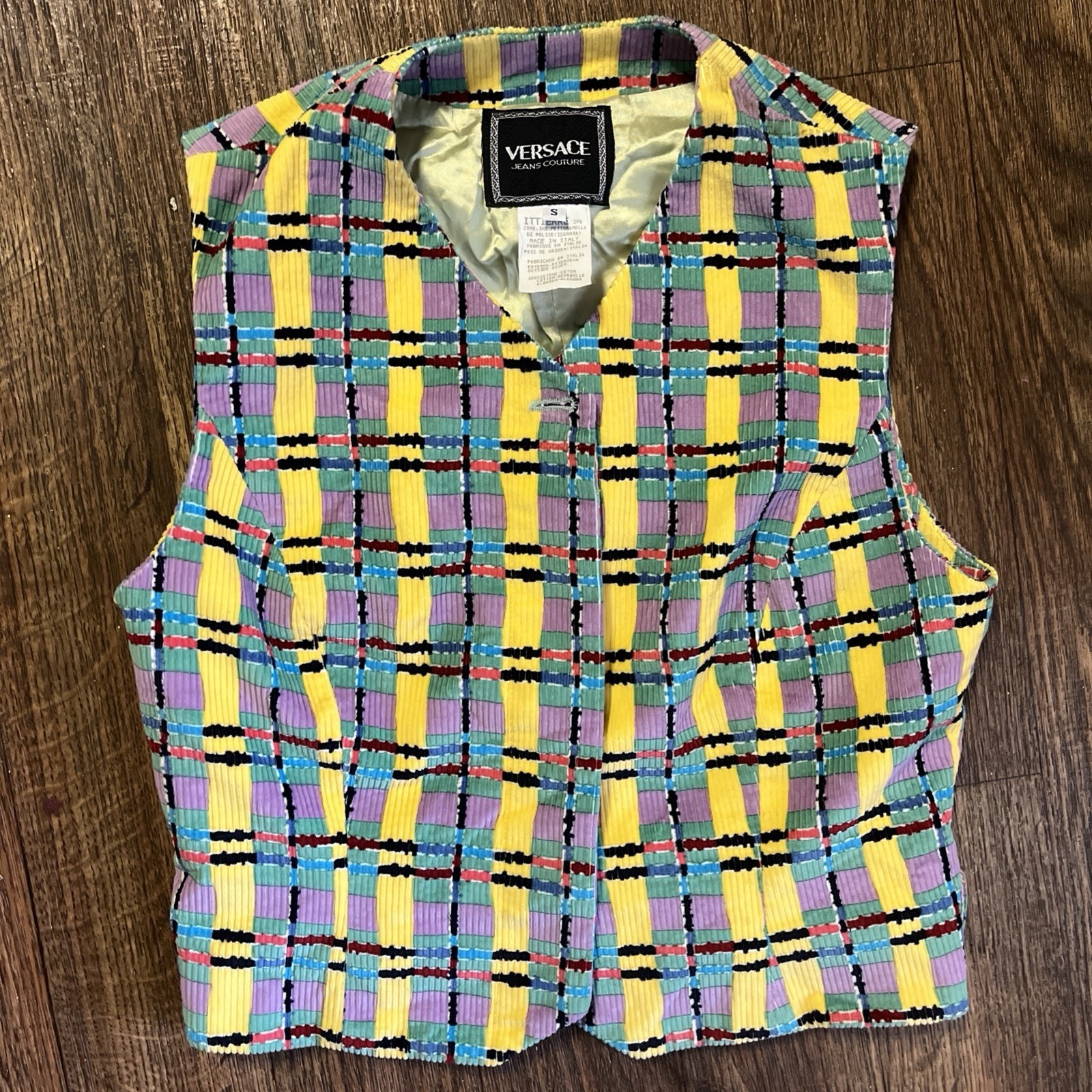 Versace Jeans Couture Vest Women’s Small Vintage Pastel Plaid Corduroy VJC