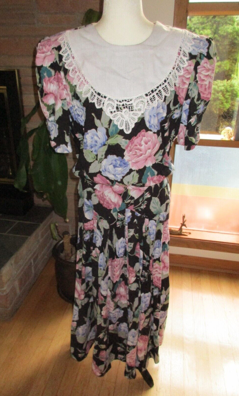Vtg Lisa II Floral Flared Drop Waist Cottage Core Midi Dress L/XL