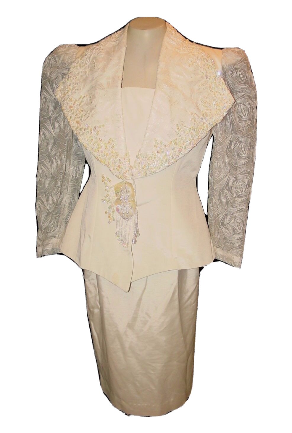 Wedding Suit, Vintage 1970s?, Blazer & Skirt Ivory Lace Beads Sequins, L