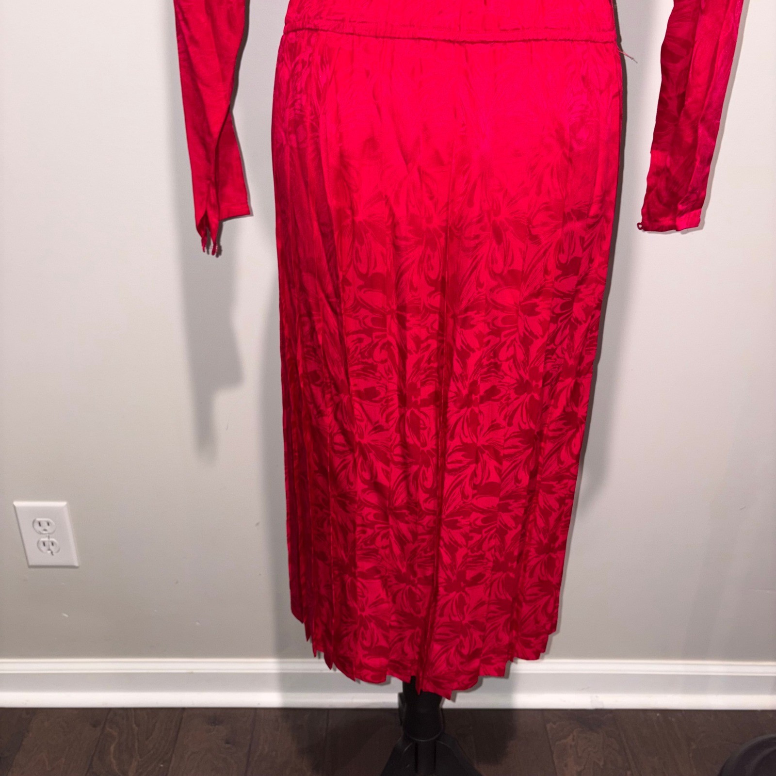 Vintage Silk Jacquard Midi Dress 80s Mob Wife Women 10P Red Argenti Petites