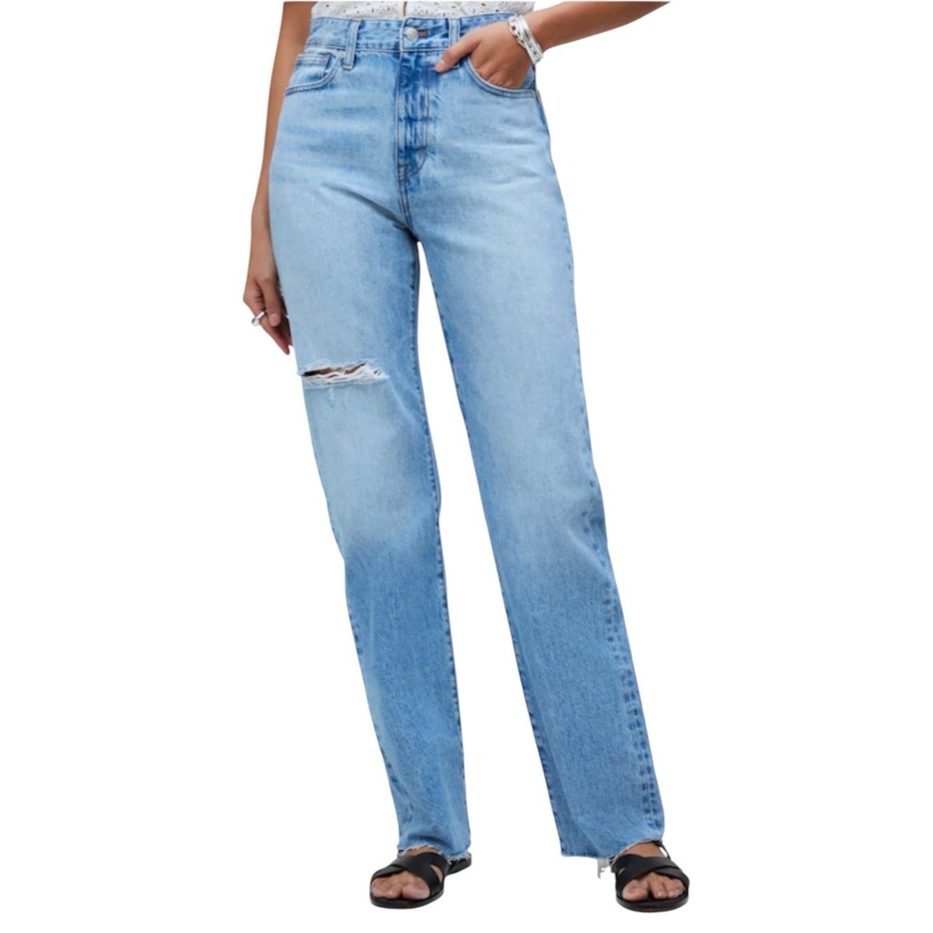 Madewell Petite ’90s Straight Jeans Revoir Wash High Rise Raw Hem 24P Rigid