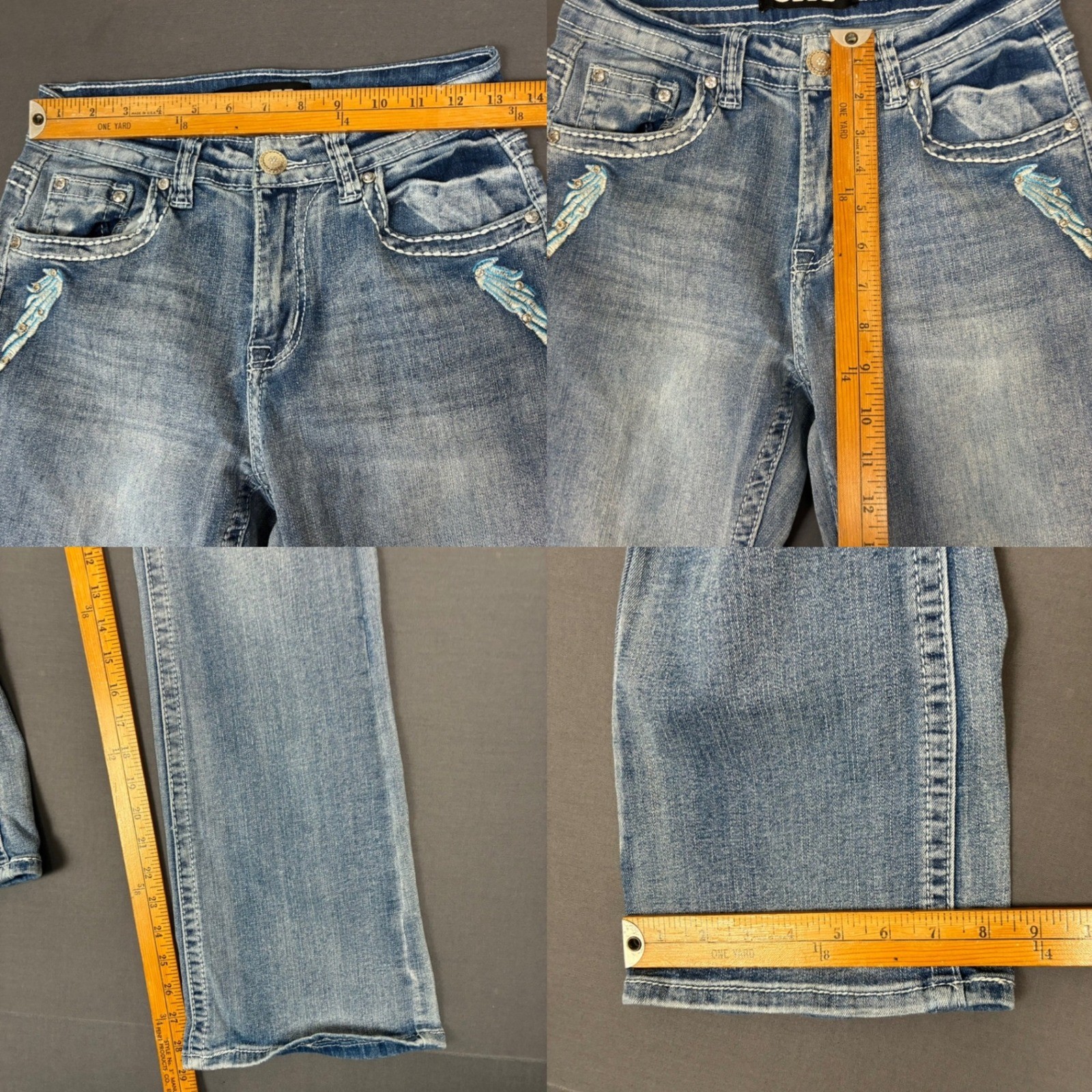 SKY Light Wash Flared Jeans Women’s Size 26×28 Heart Pockets Rhinestones