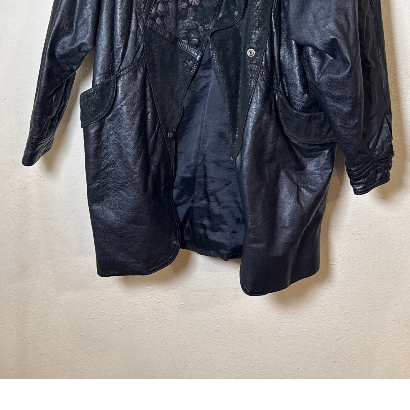 Vintage DNK Design Leather Women Jacket S Black Floral Lace Retro 80s Goth