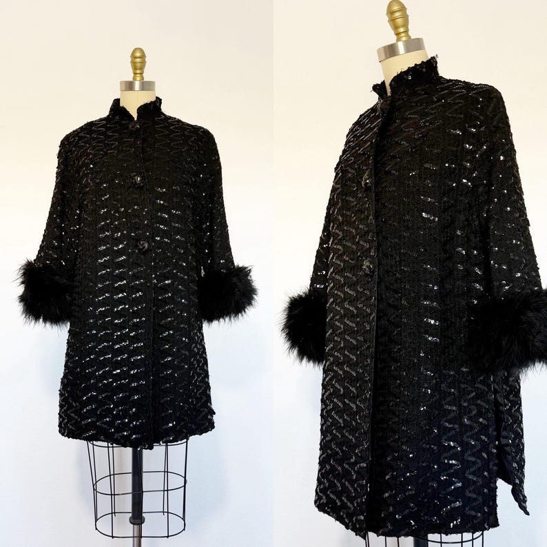 1960s Sequin Coat / Black Sequin Coat / Feather Trim Coat / Size Large