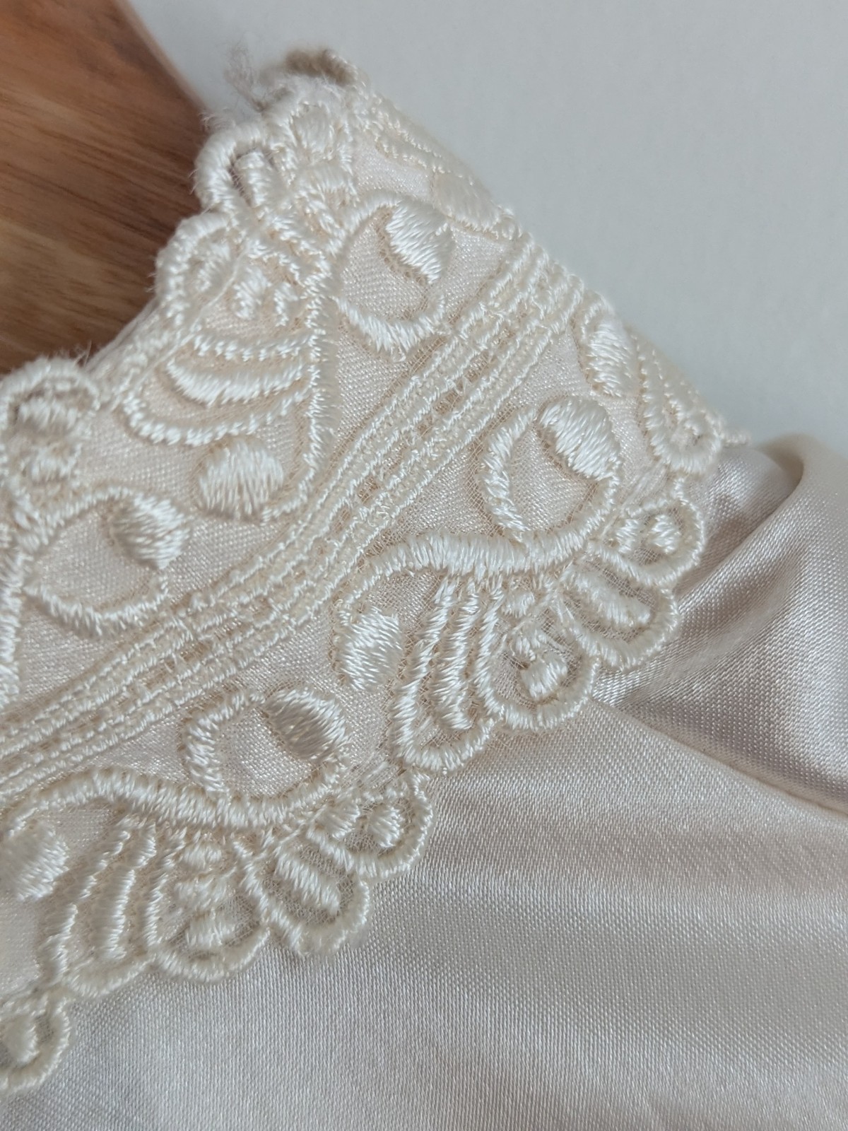 Vintage 1980s Satin Blouse Victorian Cottage Embroidered Lace High Neck Feminine