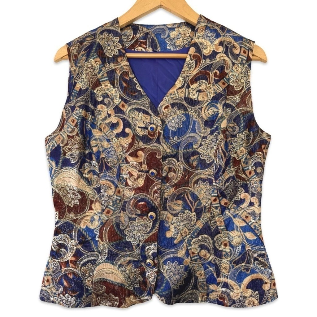 Vintage Tapestry paisley fancy metallic Vest Unisex blue and gold