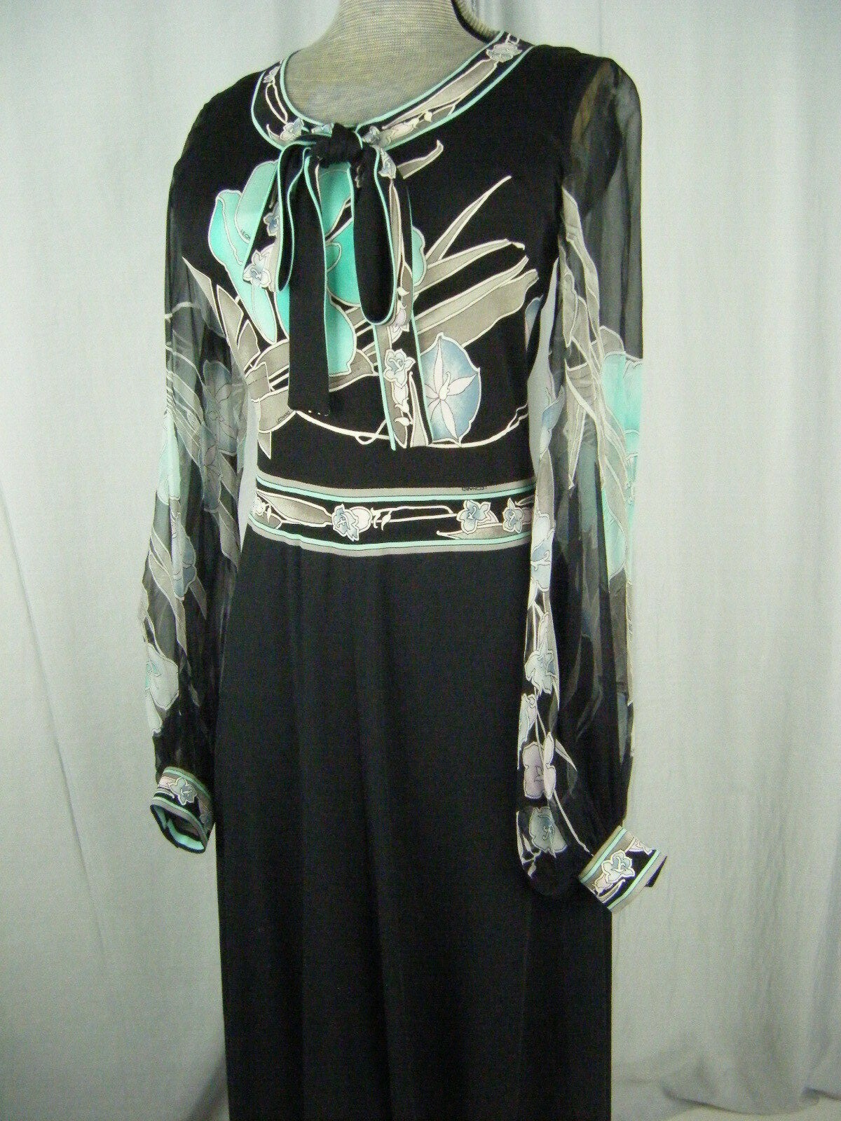 LEONARD PARIS Vtg 60s Green Black Silk Knit Chiffon Sleeve Dress-Bust 30-36/XS-S