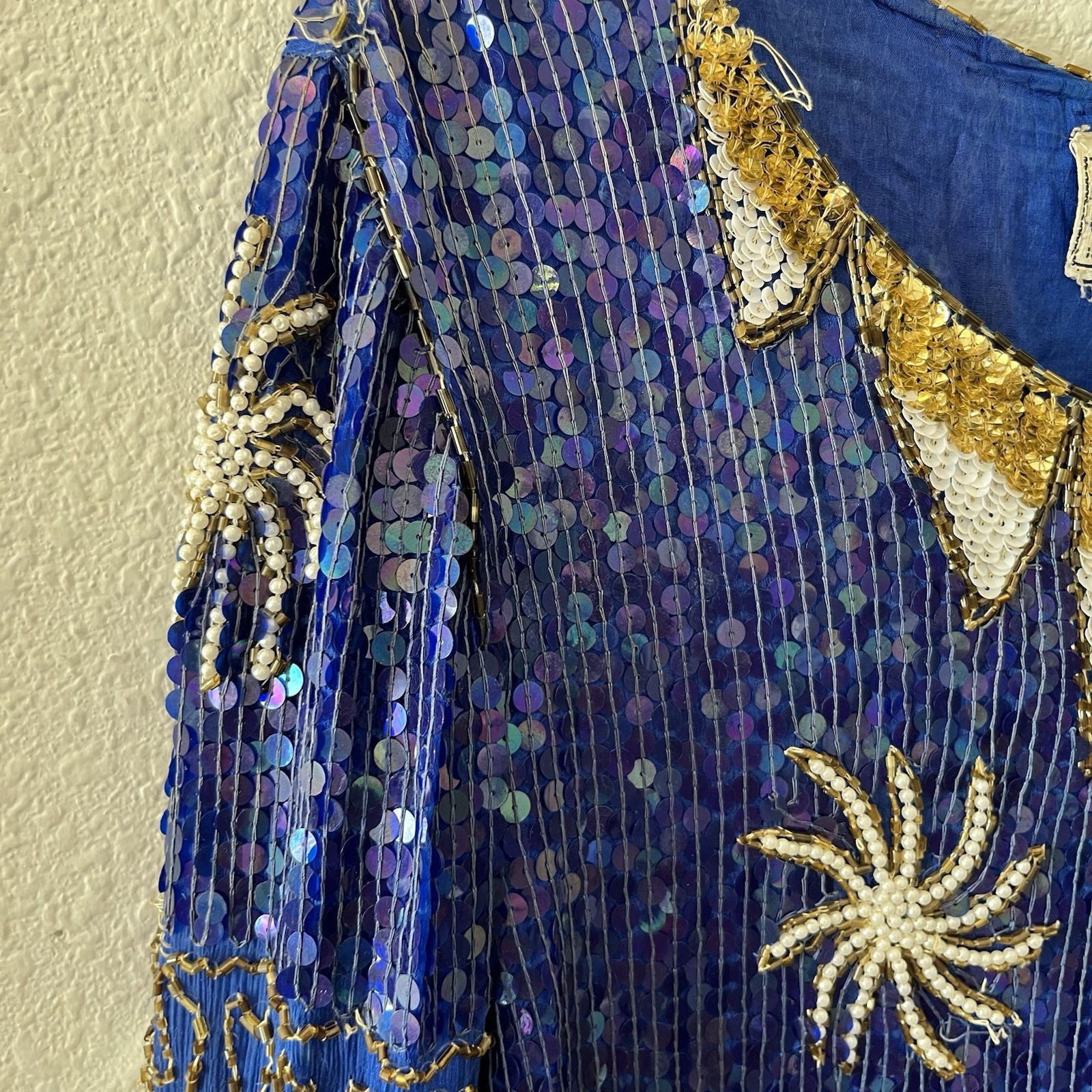 Vintage 80’s Chanson D’Amour Womens Flapper Dress 100% Silk Sequin Beaded Blue