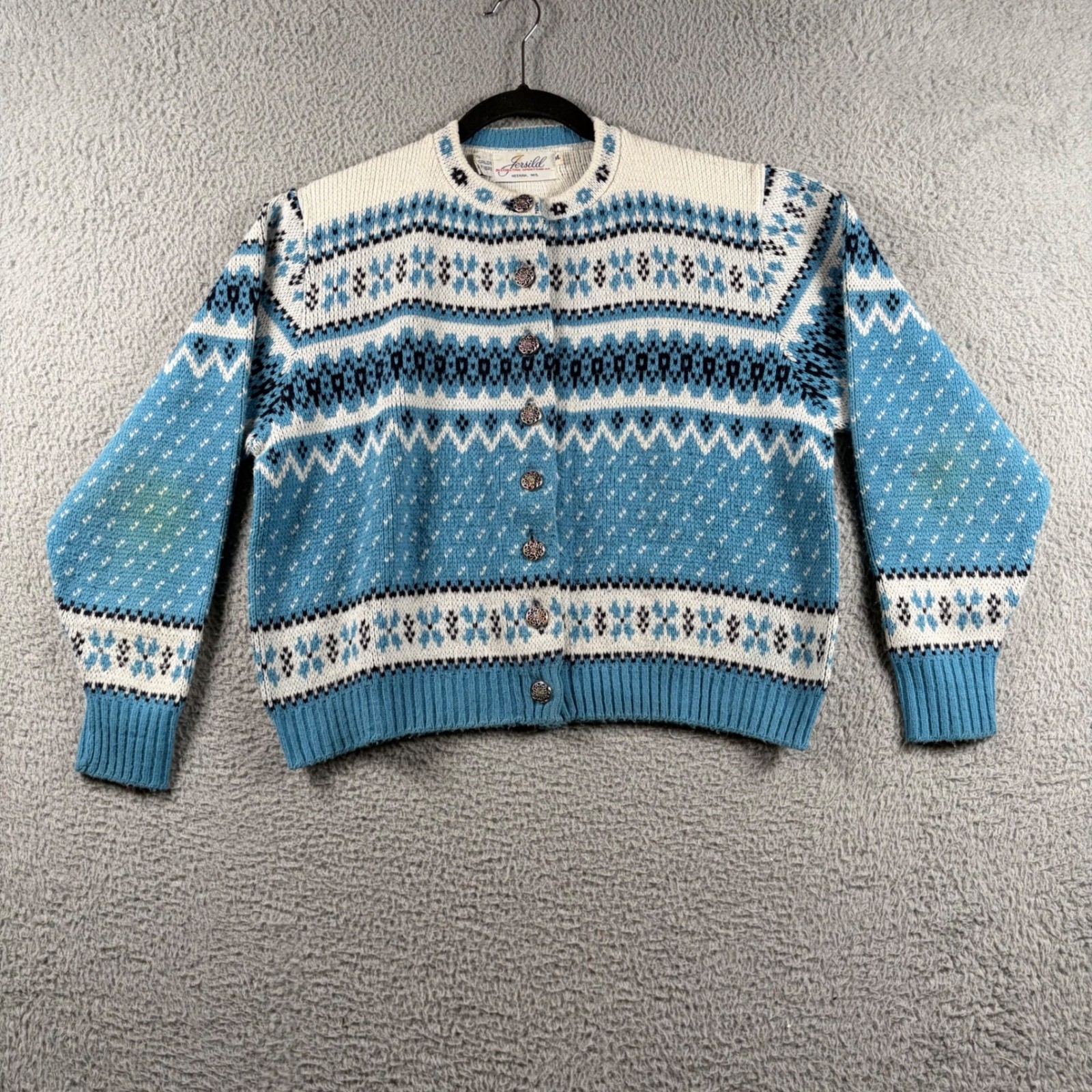 Vintage Jersild Nordic Fair Isle Cardigan Womens M/L Sweater Cottagecore Cropped