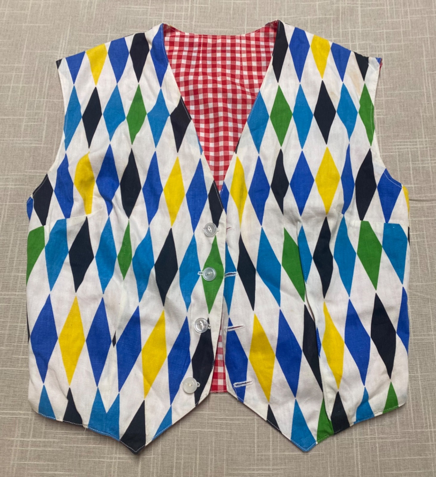 Vintage Vest Reversible 60s Harlequin Diamond Argyle Gingham Groovy Homemade Top