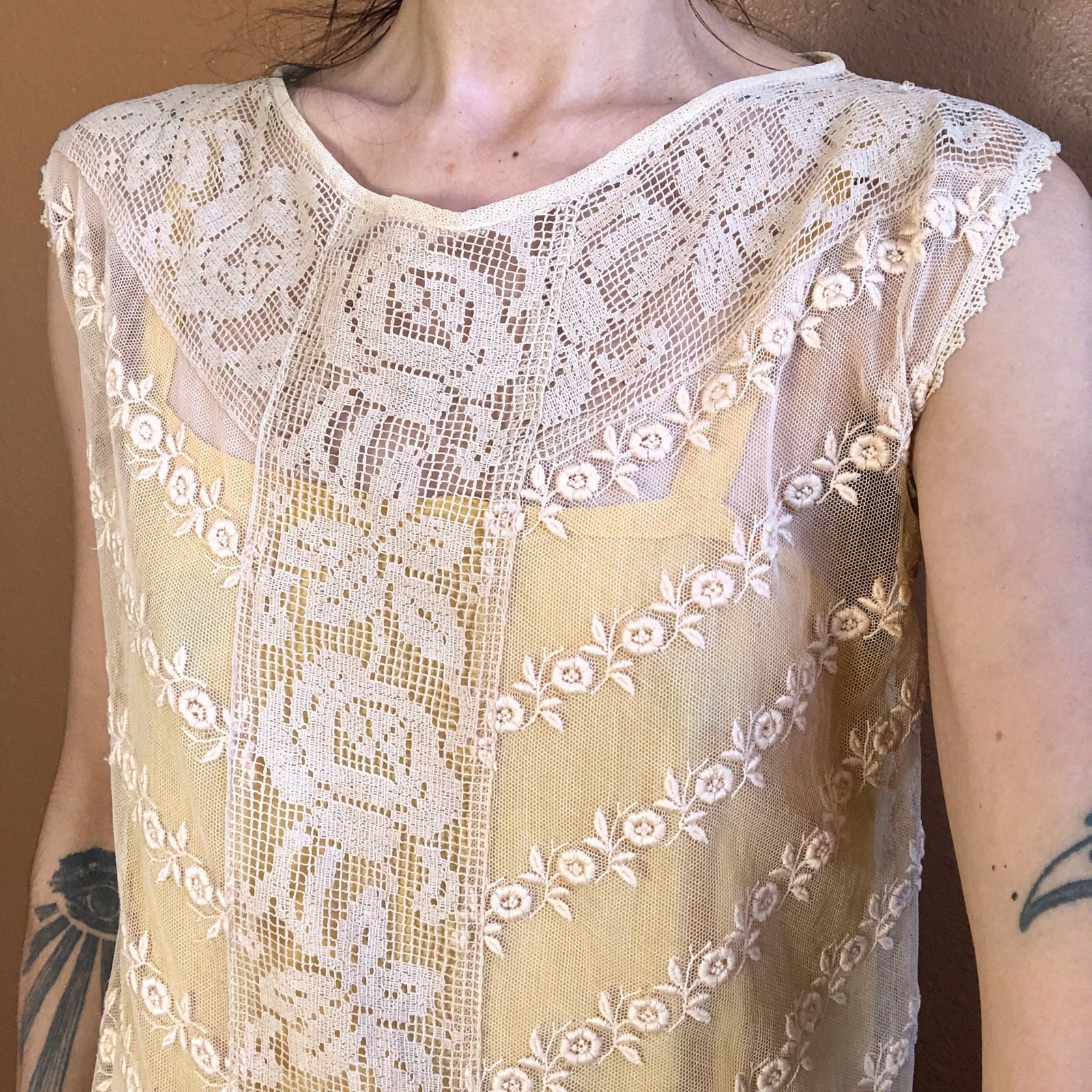 Vintage 1920s Sheer Mesh Net Crochet Drop Waist Dress + Silk Slip Coquette