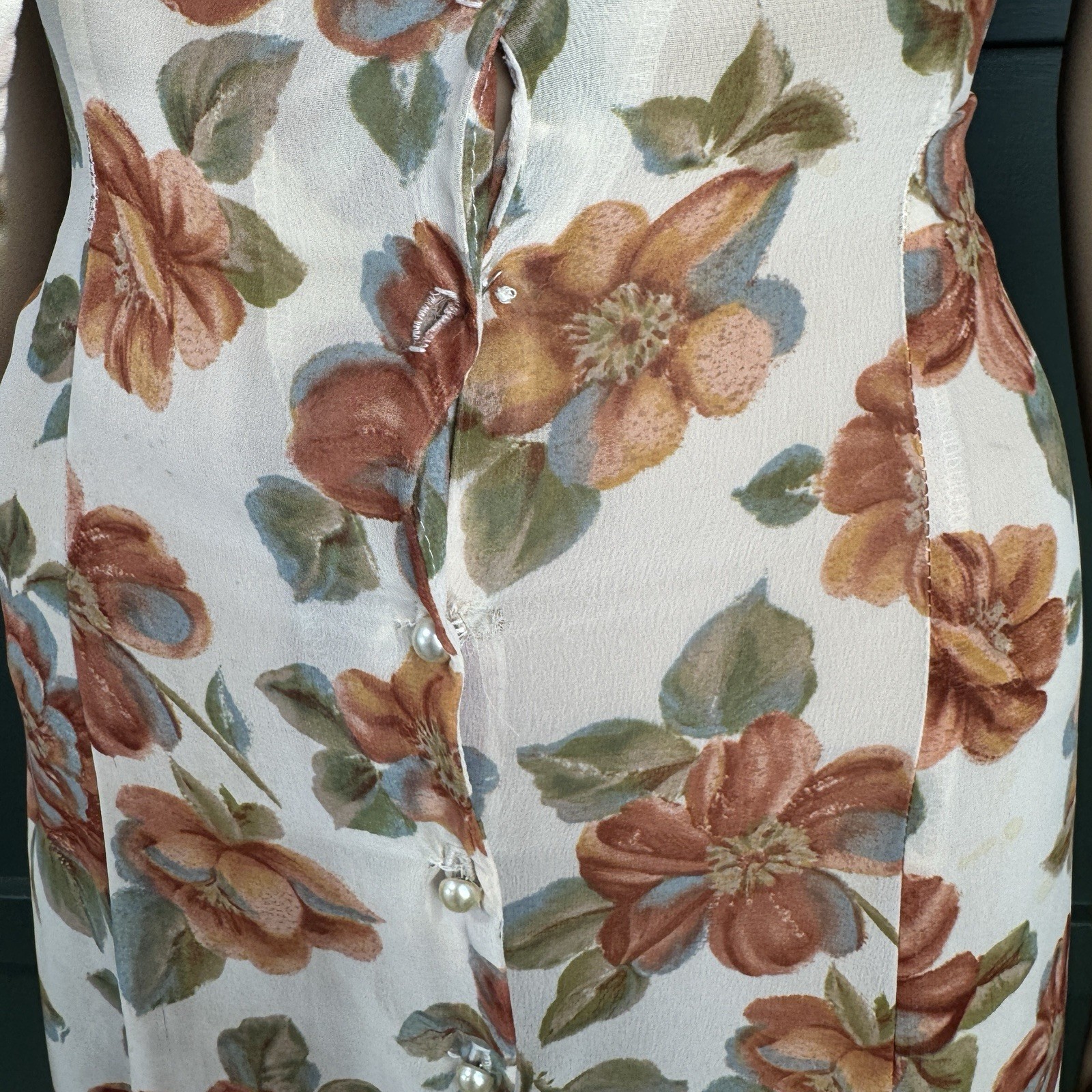 Paris Blues VTG 90s Floral Maxi Dress Sz 11 Cream Button Front Sheer Prairie