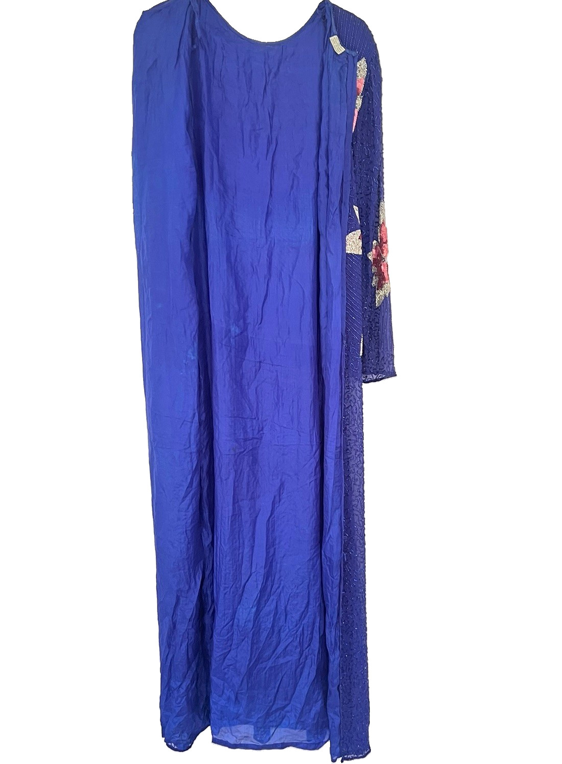 Vintage 80s Cobalt Blue Pink Silk Beaded Floral Maxi Duster Jacket Sequin