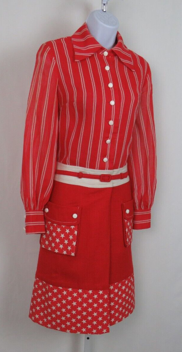 VTG 1950s HOWARD WOLF RED SHIRT DRESS WHITE STARS STRIPES BELT LINEN BLEND