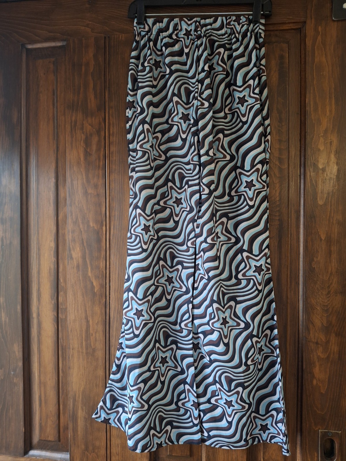 Shein Bell Bottom Psychedelic Pants Star Waves Blue Brown White Black Size S