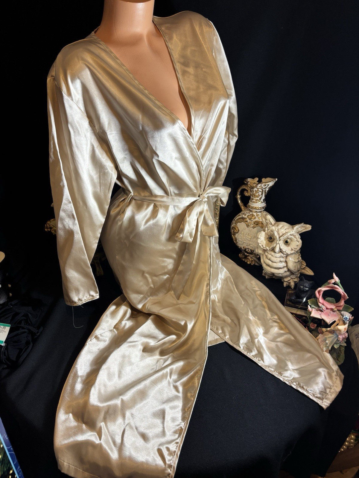 Vtg Soft Satin Nightie Long Dressing gown Soft Nightie Frilly Dress Robe Gold