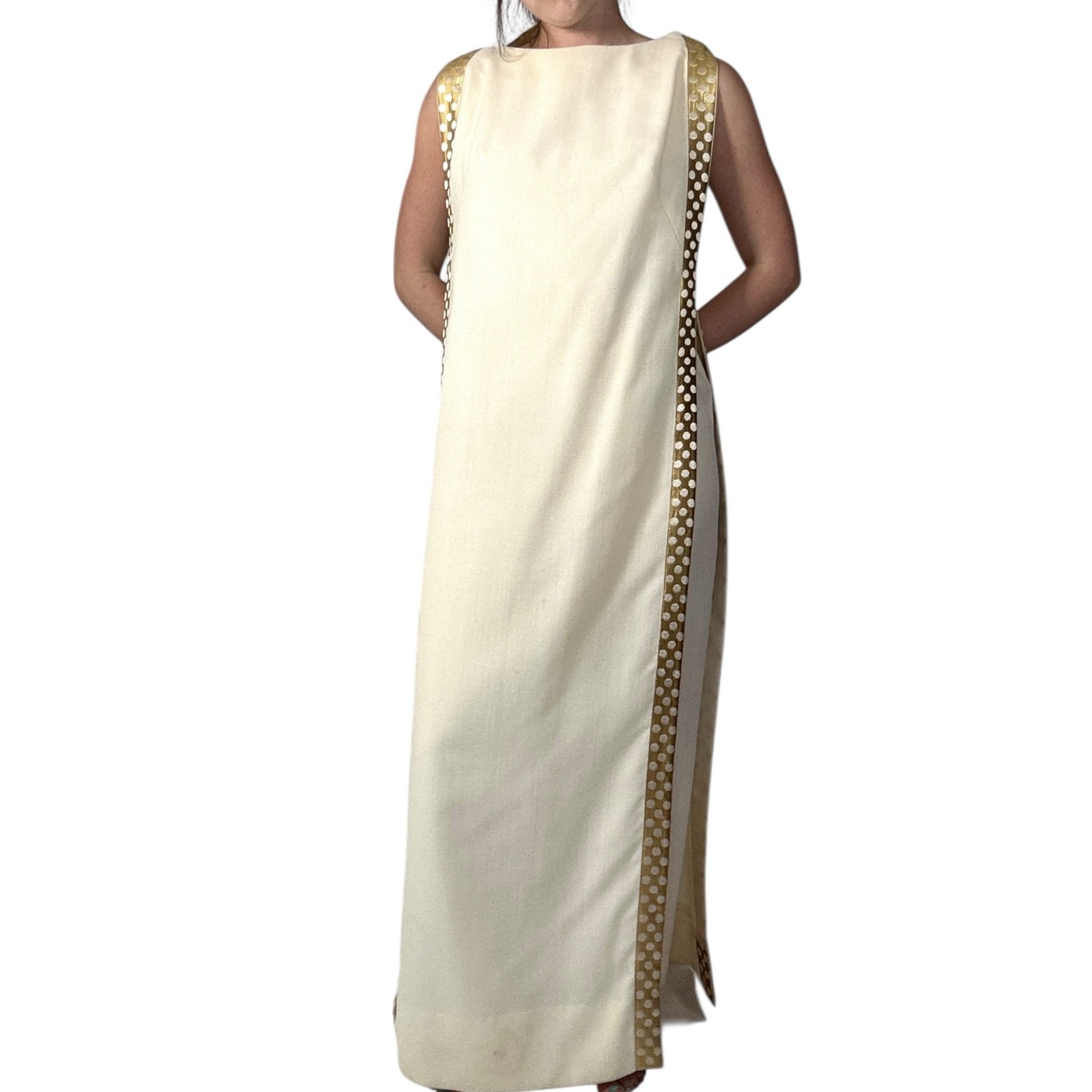 Vintage 1960s White Wool Jumpsuit Peer Label Metallic Gold Polka Dot Cape Mod