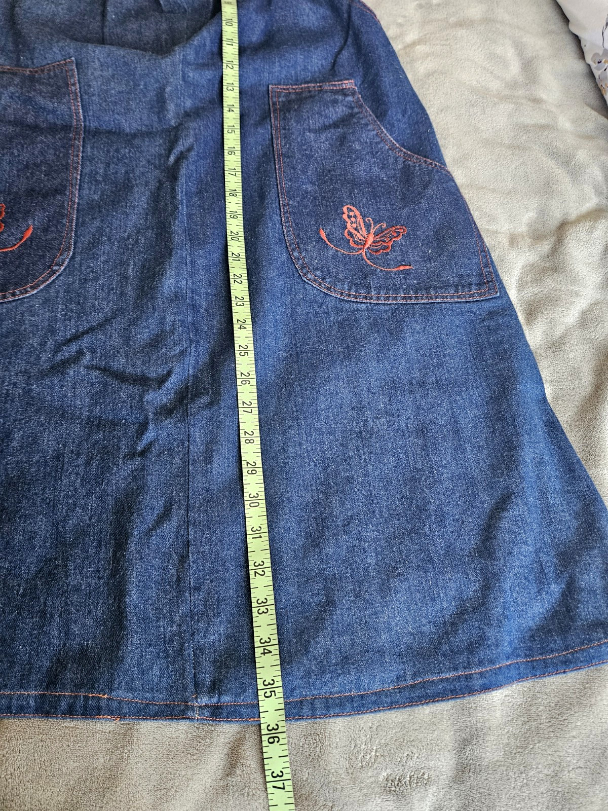 JONI BLAIR of Cali Denim Jumper Dress Size 7 Embroidered Pockets Red Butterflies