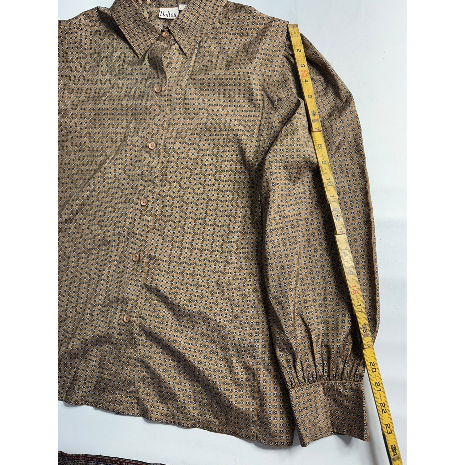 Dalton Vintage 2 Piece Skirt Set Brown Geometric Button Up Blouse Pleated Midi
