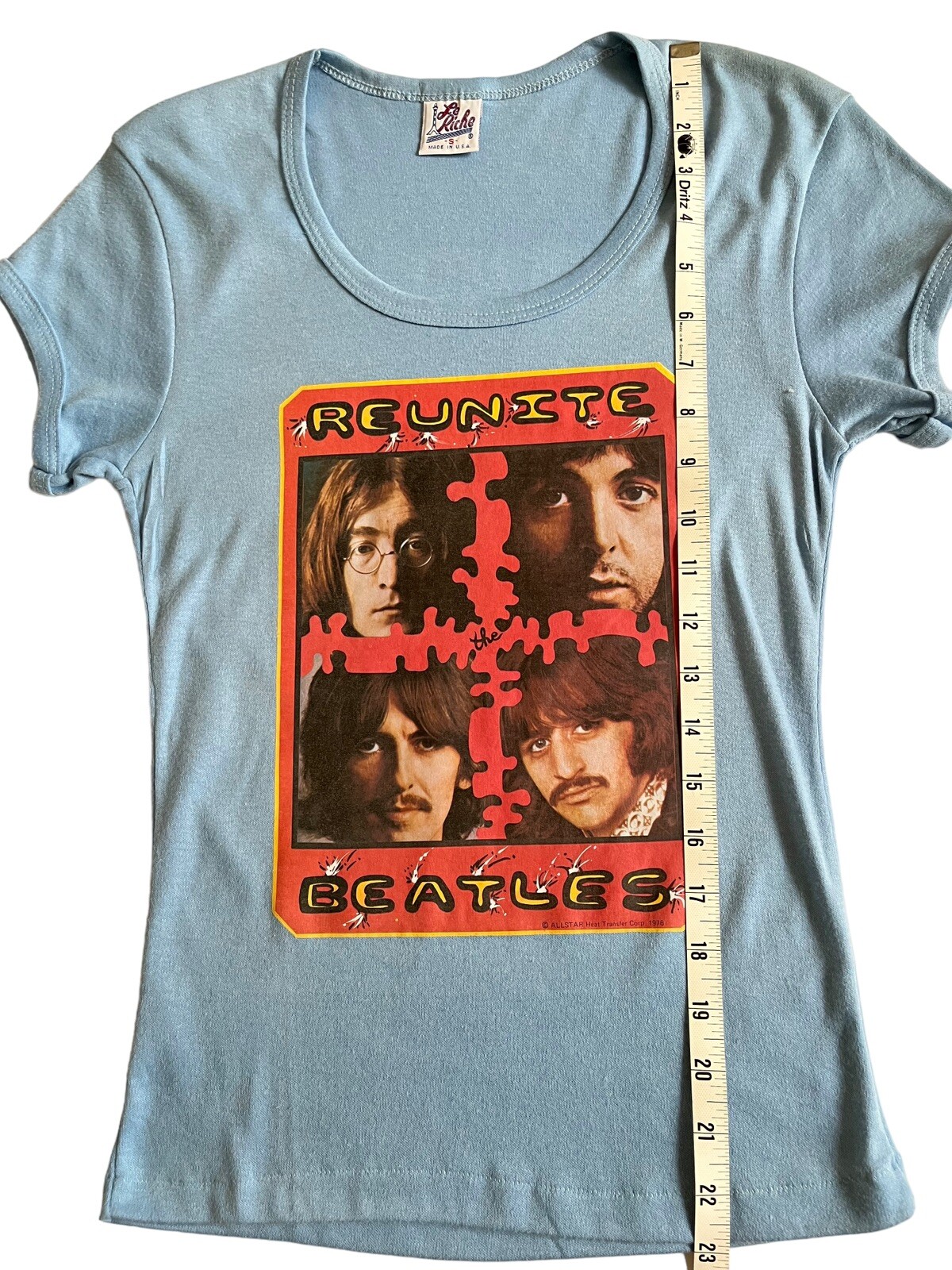 VTG BEATLES Reunite 1976 Tee T shirt Top Women Blue French tee Size Small