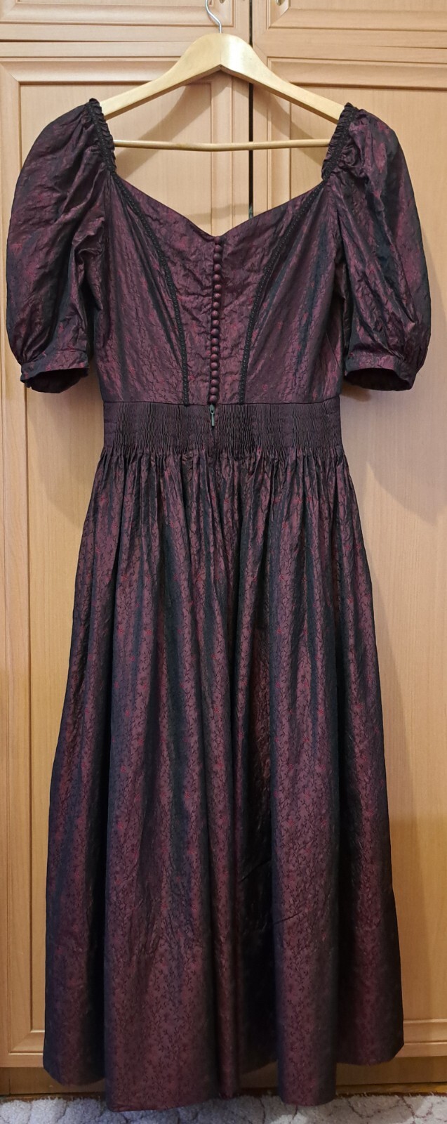 Vtg Edwardian Revival Gothic Burgundy Dress S C-D Bust Silk Blend Puff Sleeves