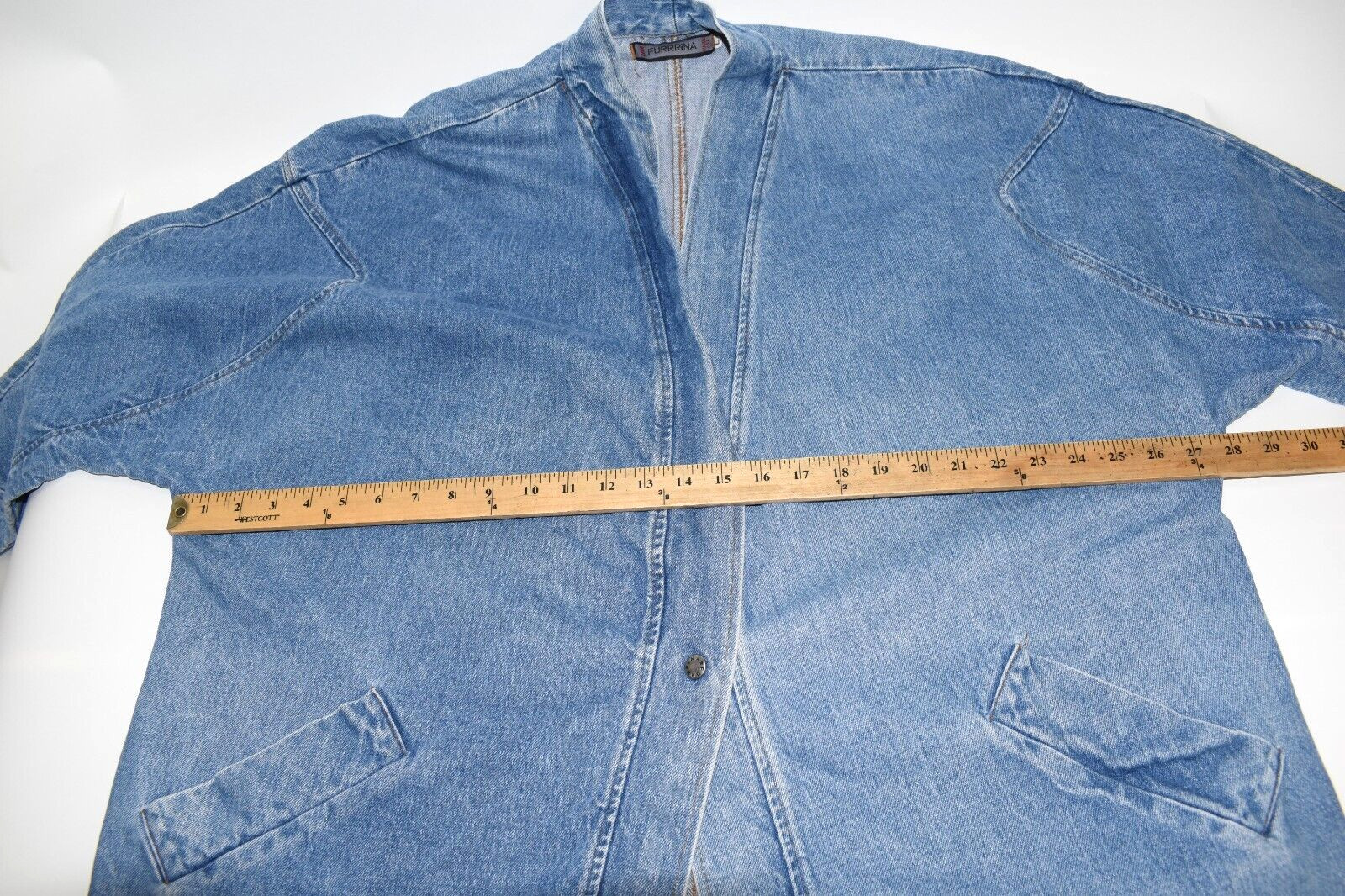 BEBE FURRRINA Large Women’s Vintage Denim Jacket 1 Snap Dolman Sleeve