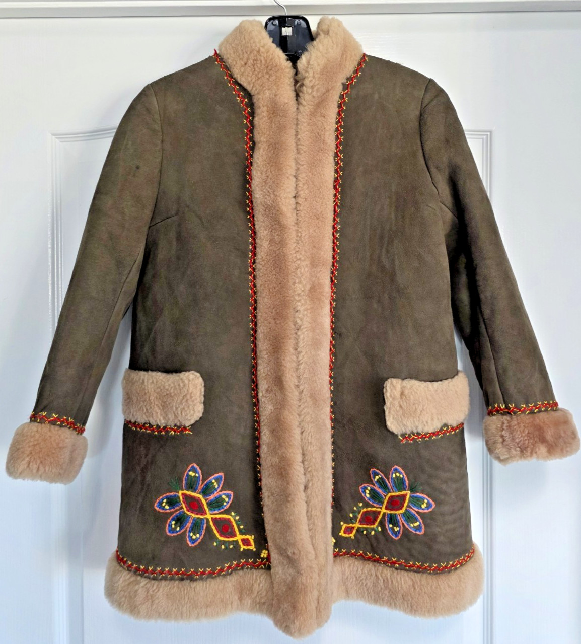 Vintage Shearling Coat Hippie Embroidered Sheepskin Suede Penny Lane Boho S XS