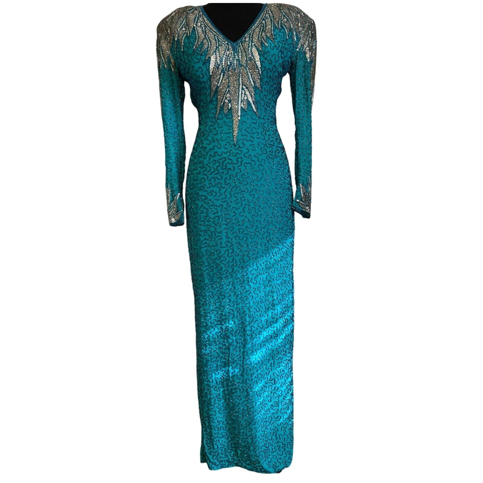 Vintage 80s Naeem Khan Riazee Nights Beaded sequined Teal 100% Silk Gown size 6