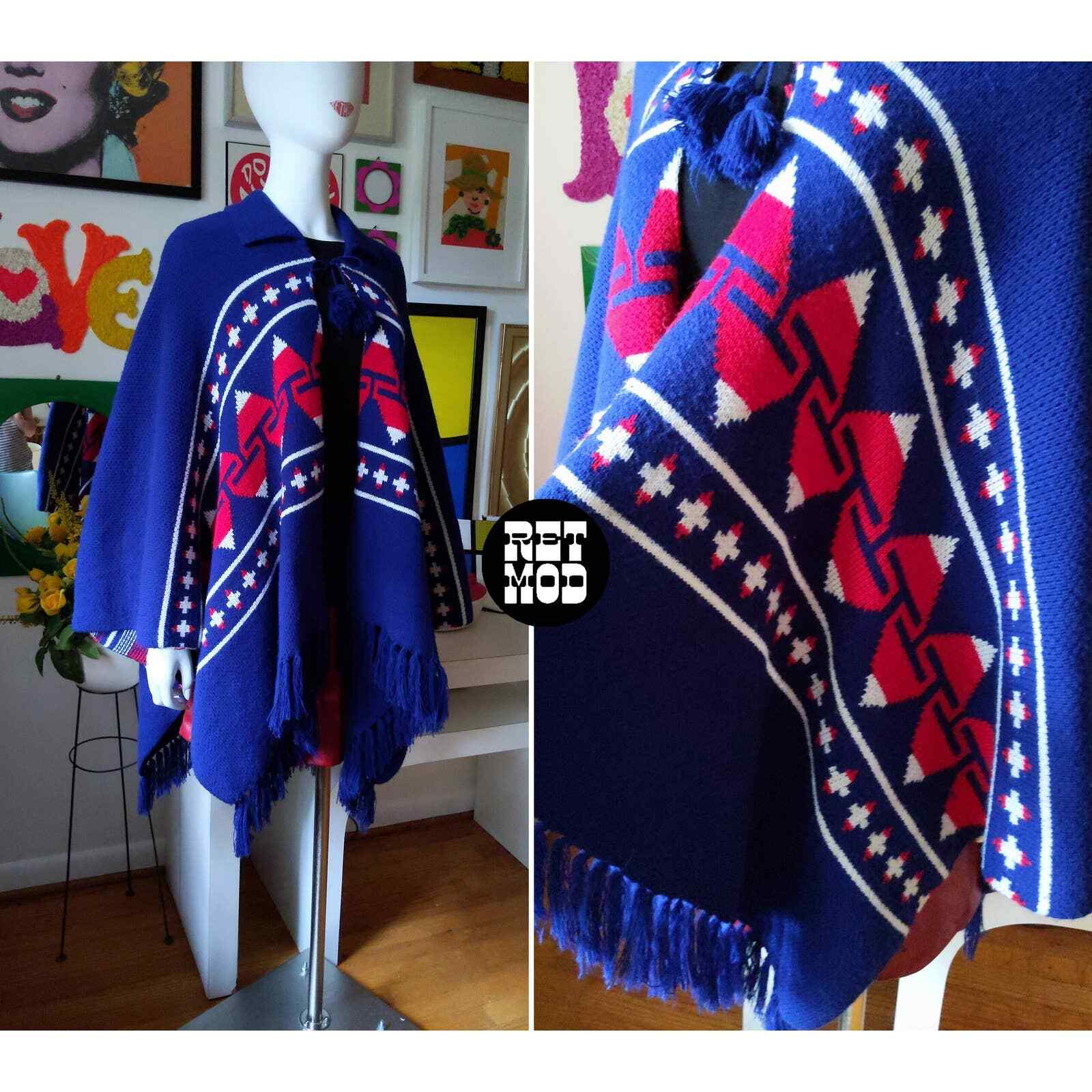 STUNNING Vintage 70s Navy Blue, Red, White Collared Knit Poncho with Tie Front
