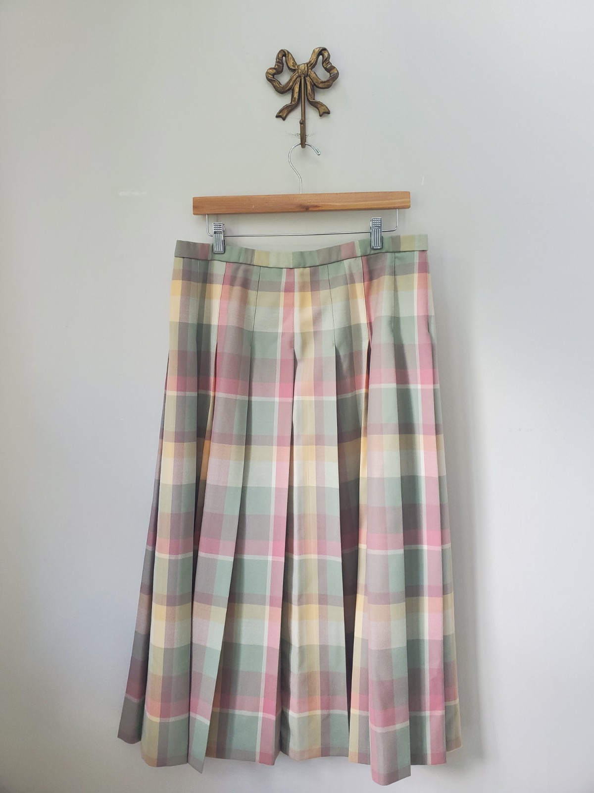 VNTG PENDELTON 2pc Plaid Virgin Wool Skirt & Pink Silk Blend Blouse Top 16 USA