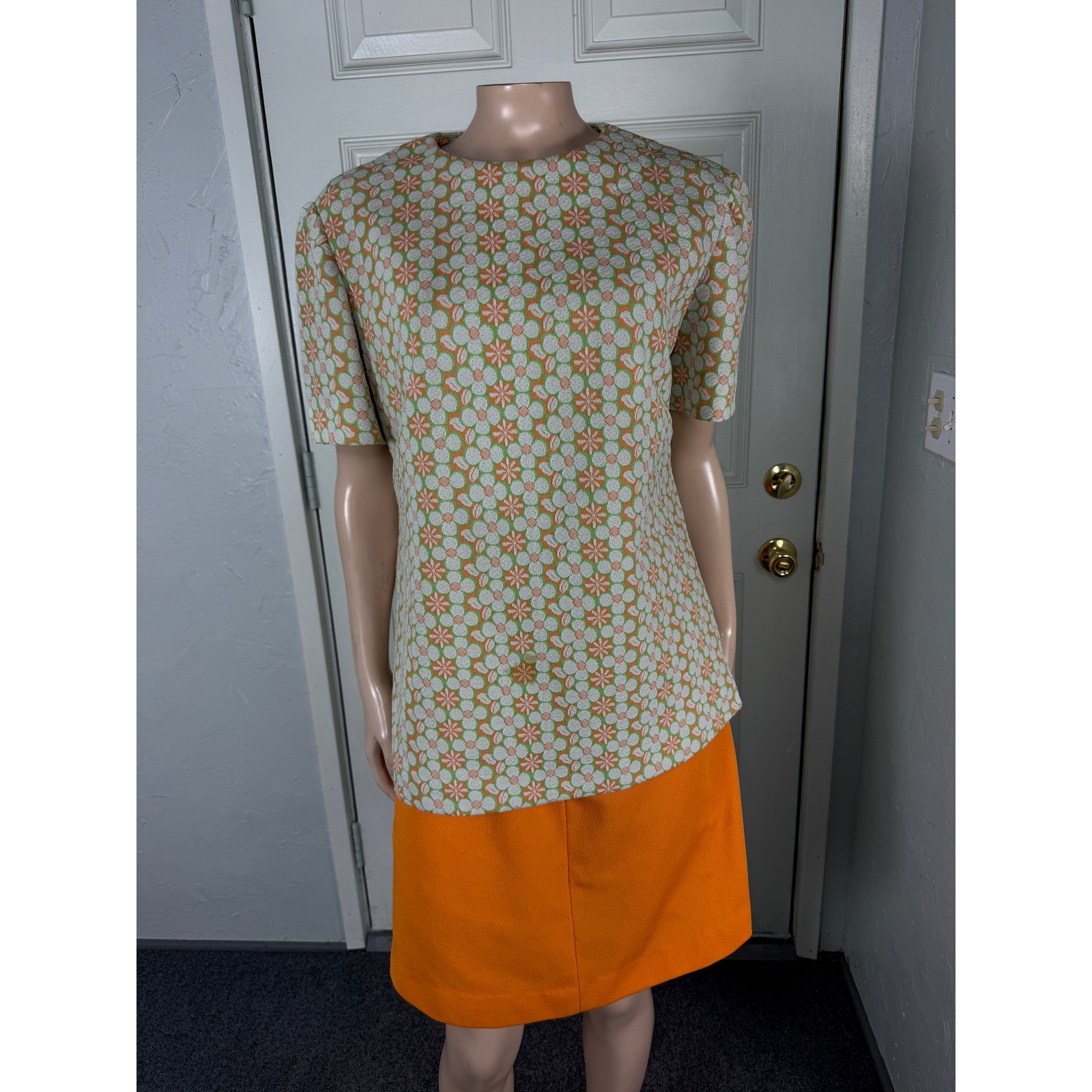 Vintage 70s Handmade Dress Shirt top set Polyester Knit Floral Retro Bright MM3