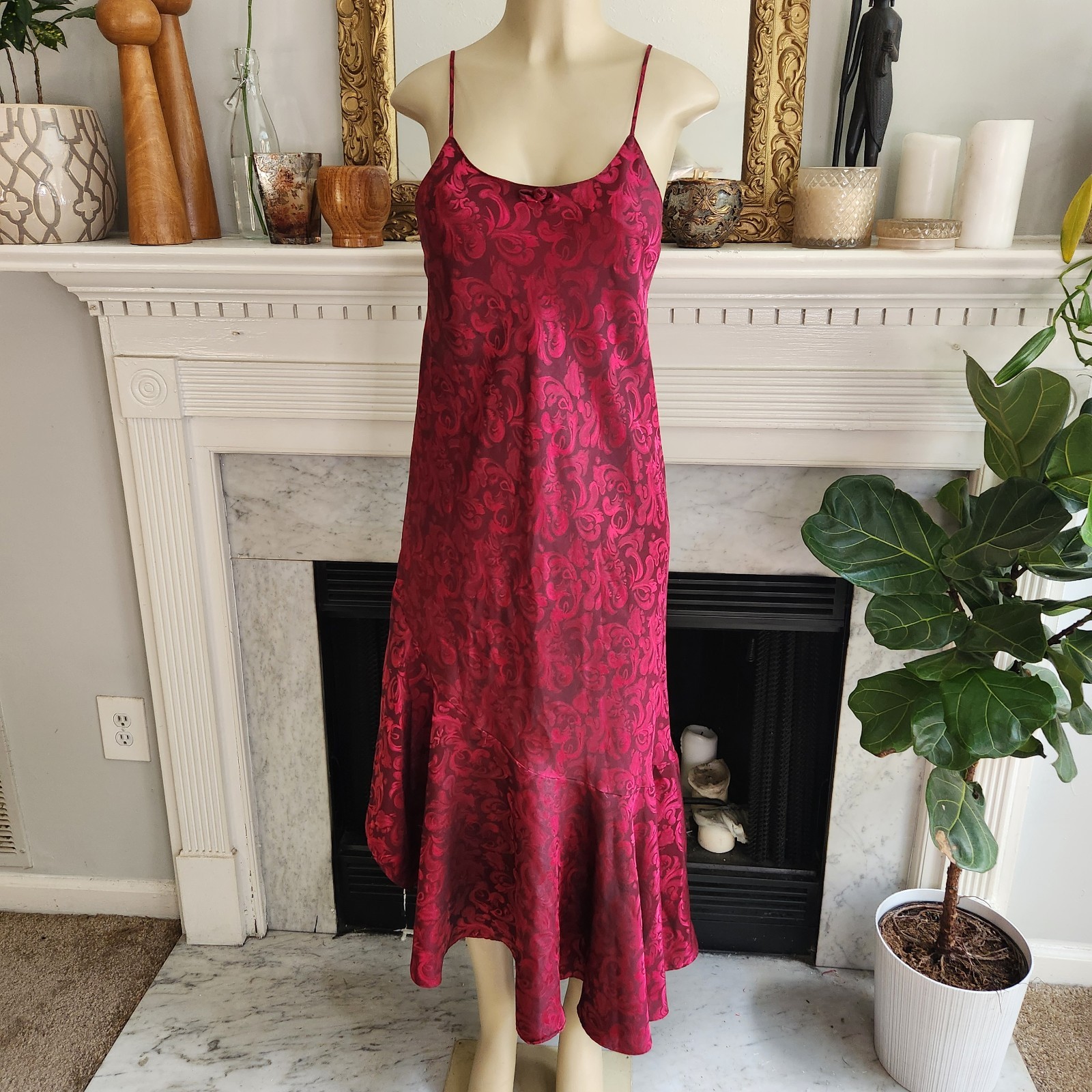 Vintage 80s Red Jacquard Ruffle Slip Dress Size Large Maxi Asymmetric Ruffle