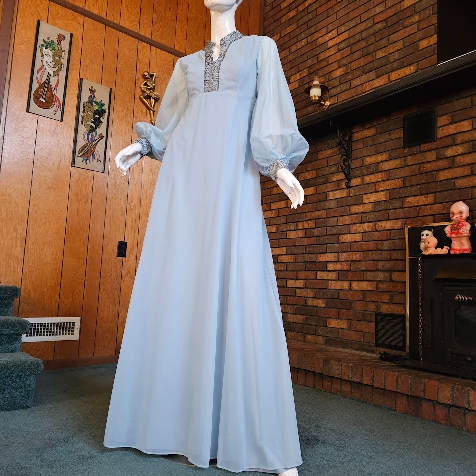 Vtg 70s Dreamy Chiffon Bishop Sleeves Powder Blue Prom Gown Bewitched Dress M