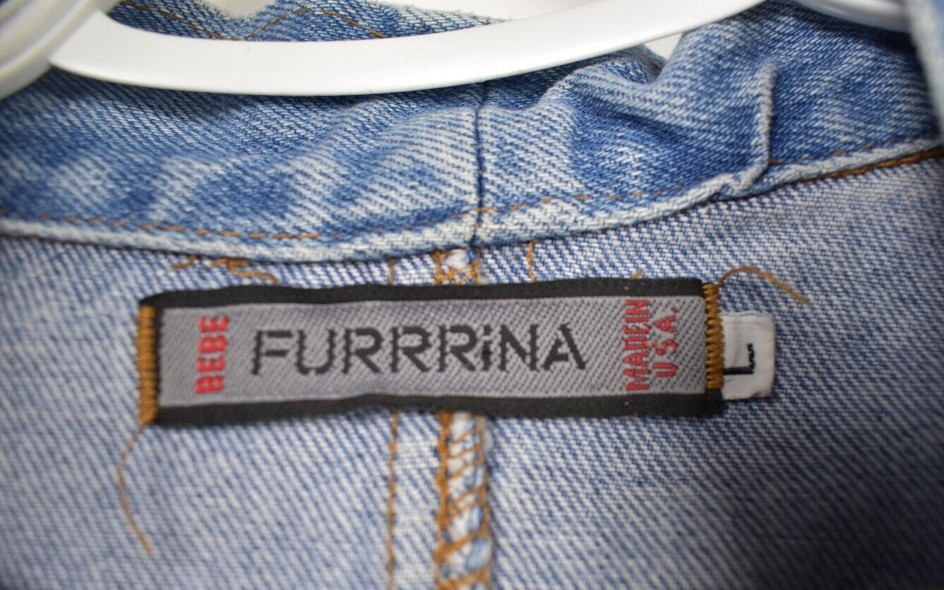 BEBE FURRRINA Large Women’s Vintage Denim Jacket 1 Snap Dolman Sleeve
