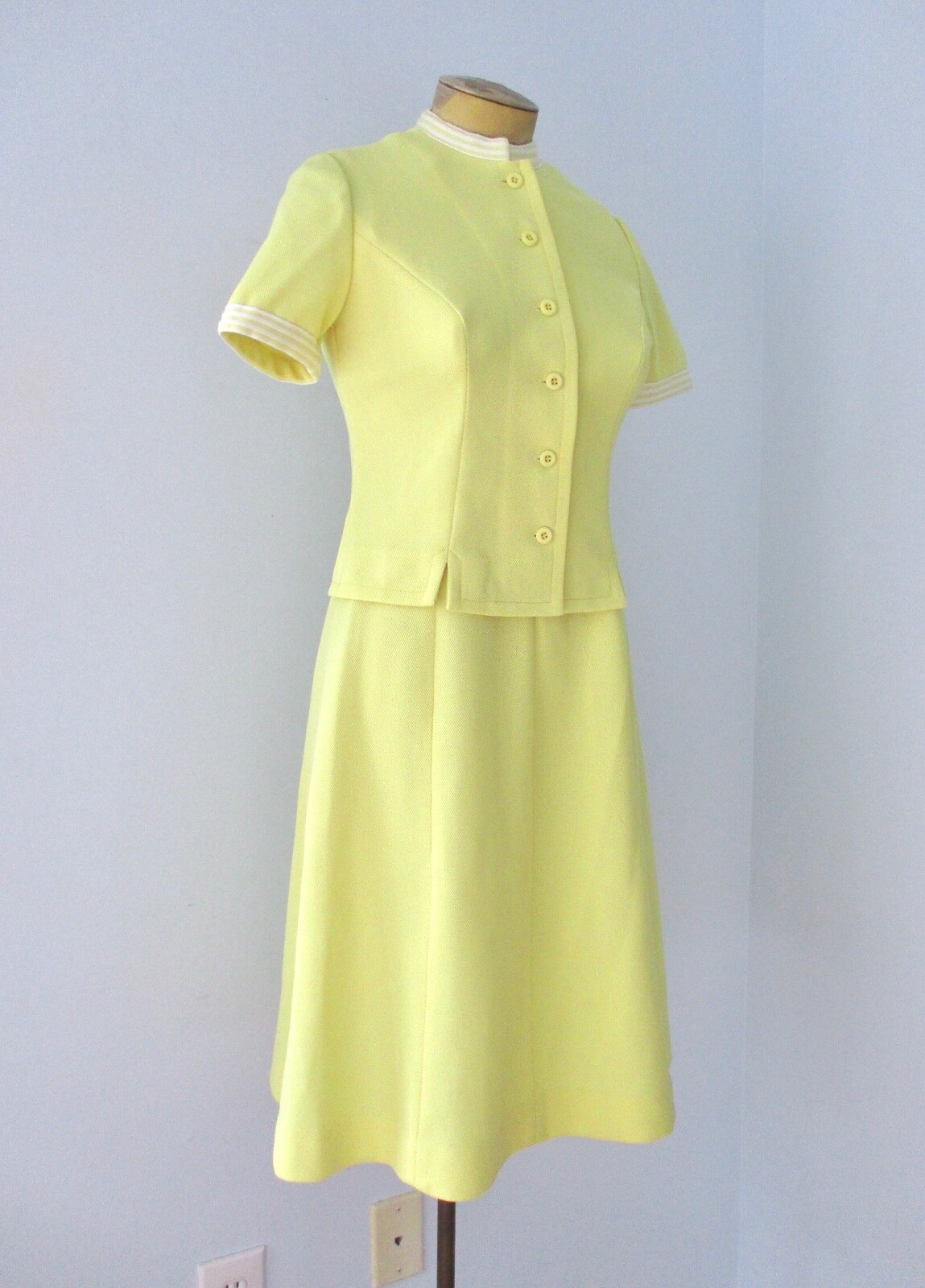 Vtg 70s Leslie Fay Yellow 2-Pc Fit Flare Ringer Dress Jacket Secretary Suit S/M