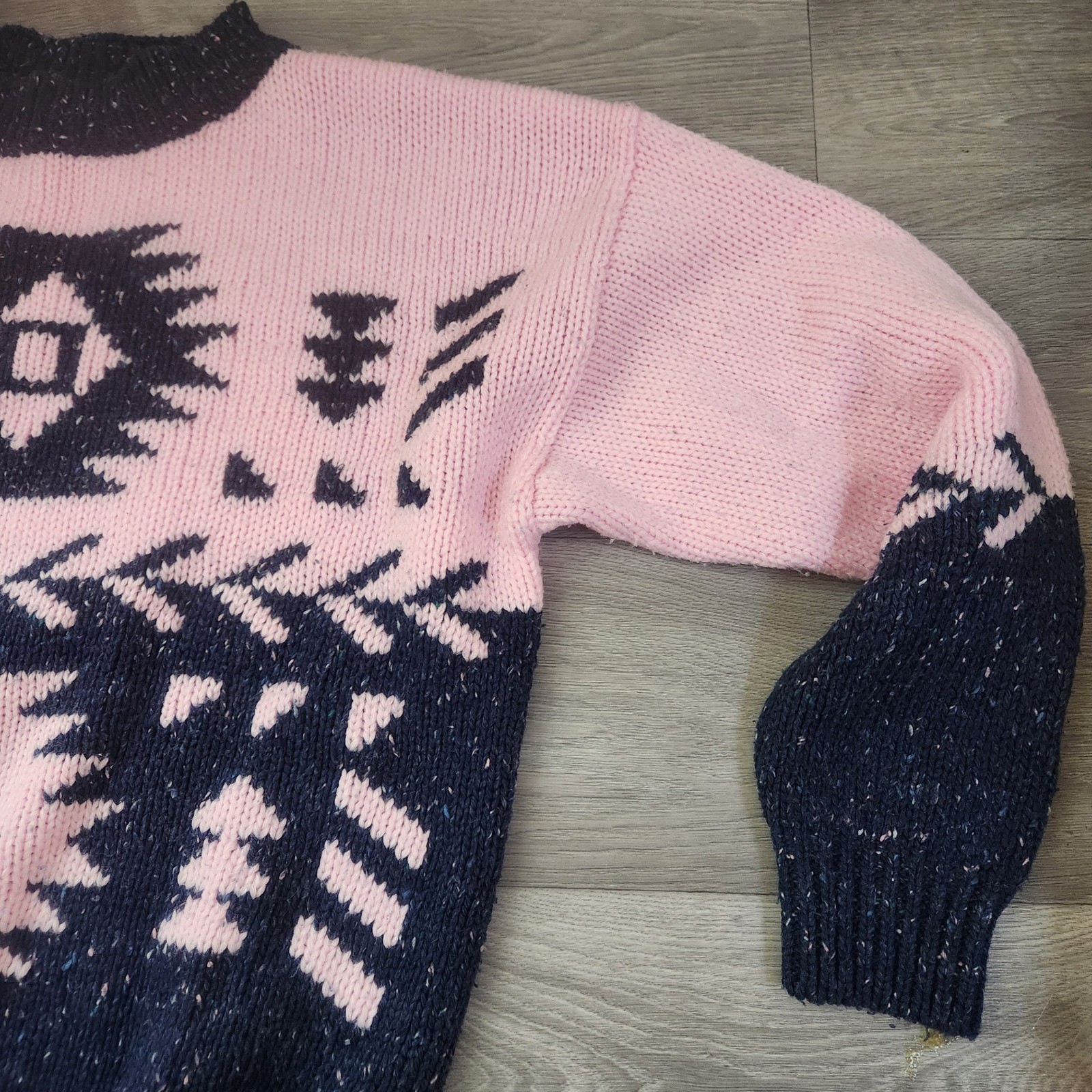 Vintage NUOVO Pink Navy Knit Sweater Size L Speckled Mock Neck Aztec Chunky Wool